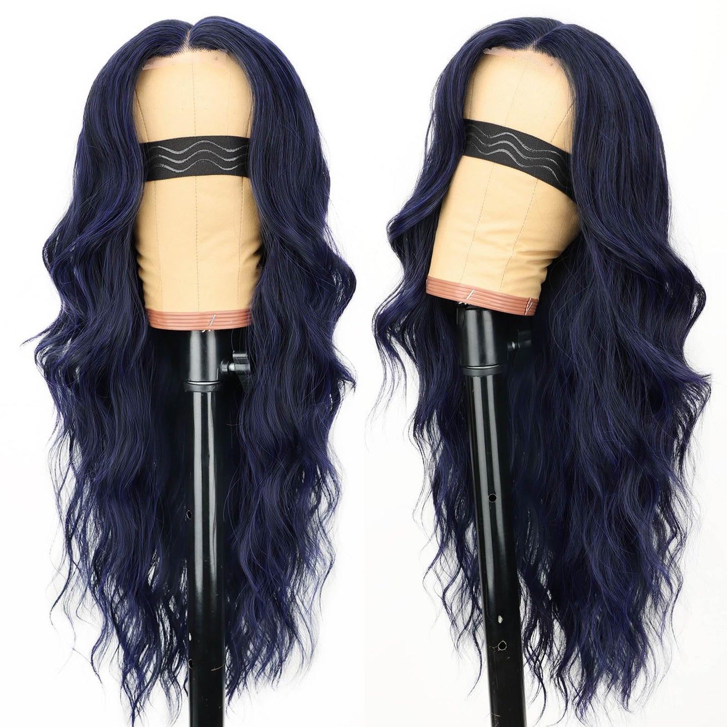 AISI HAIR Dark blue Wigs for Women, Long Wavy Lace Hairline Middle Part Synthetic Heat Resistant Wig for Daily Party-26 Inch