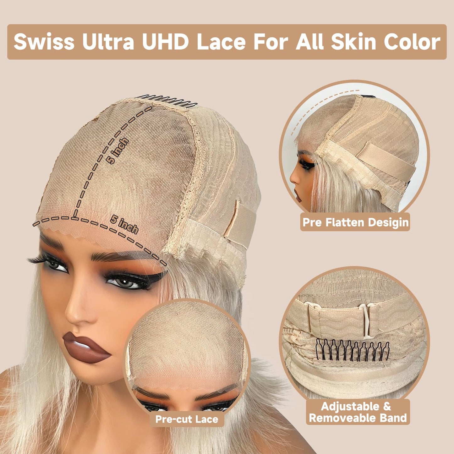 Glueless Ombre Platinum Blonde Bob Lace Front Wigs Human Hair 5x5 Pre Plucked Pre Cut Throw On and Go 4/60 Ash Blonde Wig Human Hair with Dark Roots Short Straight Wigs for Women 10 Inch 180%