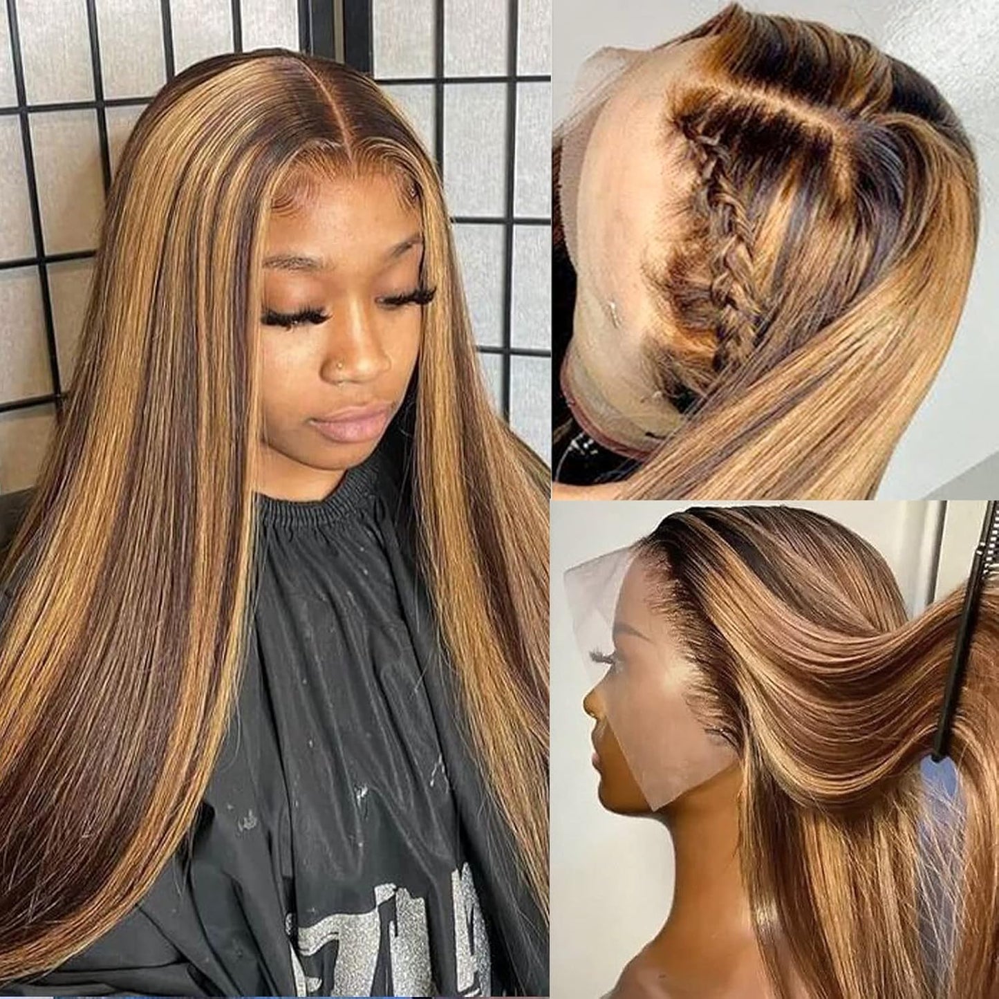 Ladoux Ombre Honey Blonde 13x6 HD Transparent Straight Lace Front Human Hair Wigs for Women 180% Density 4/27 Colored Highlight Curly Glueless Straight Wigs 20Inch Pre Plucked with Baby Hair
