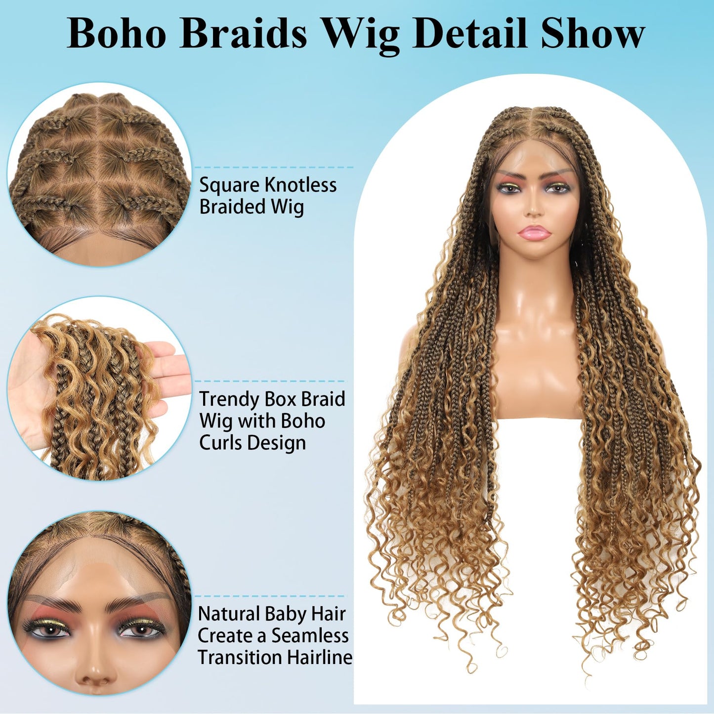 Olymei 360° HD Full Lace Front Knotless Braided Wigs for Black Women Boho Braided Wigs with Baby Hair Box Braid Wig Premium Synthetic Braid Lace Front Wig with Curly End Light Brown 36"