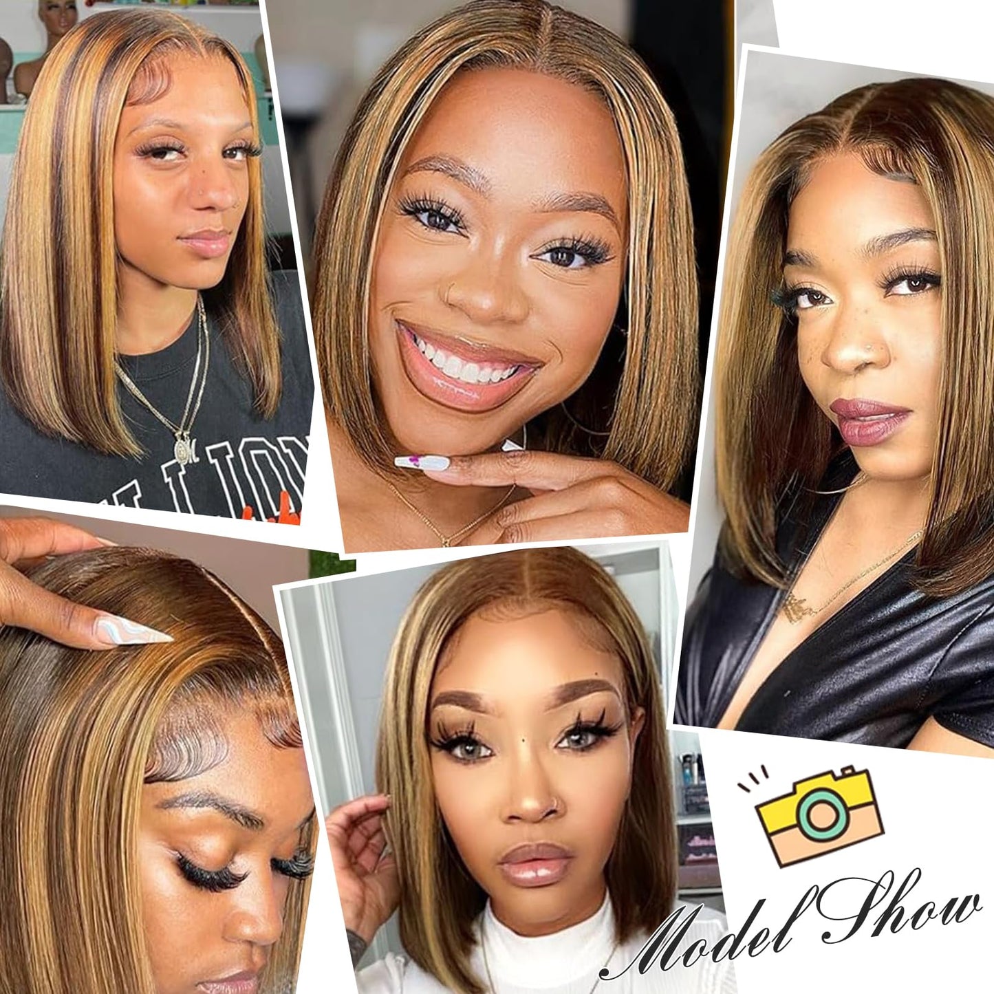 RMOARIWR Highlight 4/27 Bob Wig Human Hair 180% Density 13x4 HD Transparent Lace Front Wigs Human Hair Pre Plucked Short Bob Glueless Straight Wigs Human Hair for Women 16 Inch