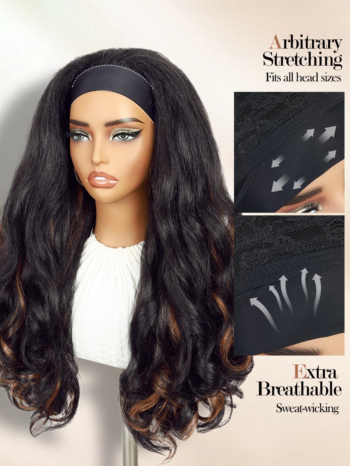FANCEE Yaki Wavy Headband Wigs Brown Highlights Kinky Straight Wear and Go Wig with Curly Wavy Ends for Mom on the Go Synthetic Headband Blow Out Style Natural Hair Wig for Black Women P1B/30