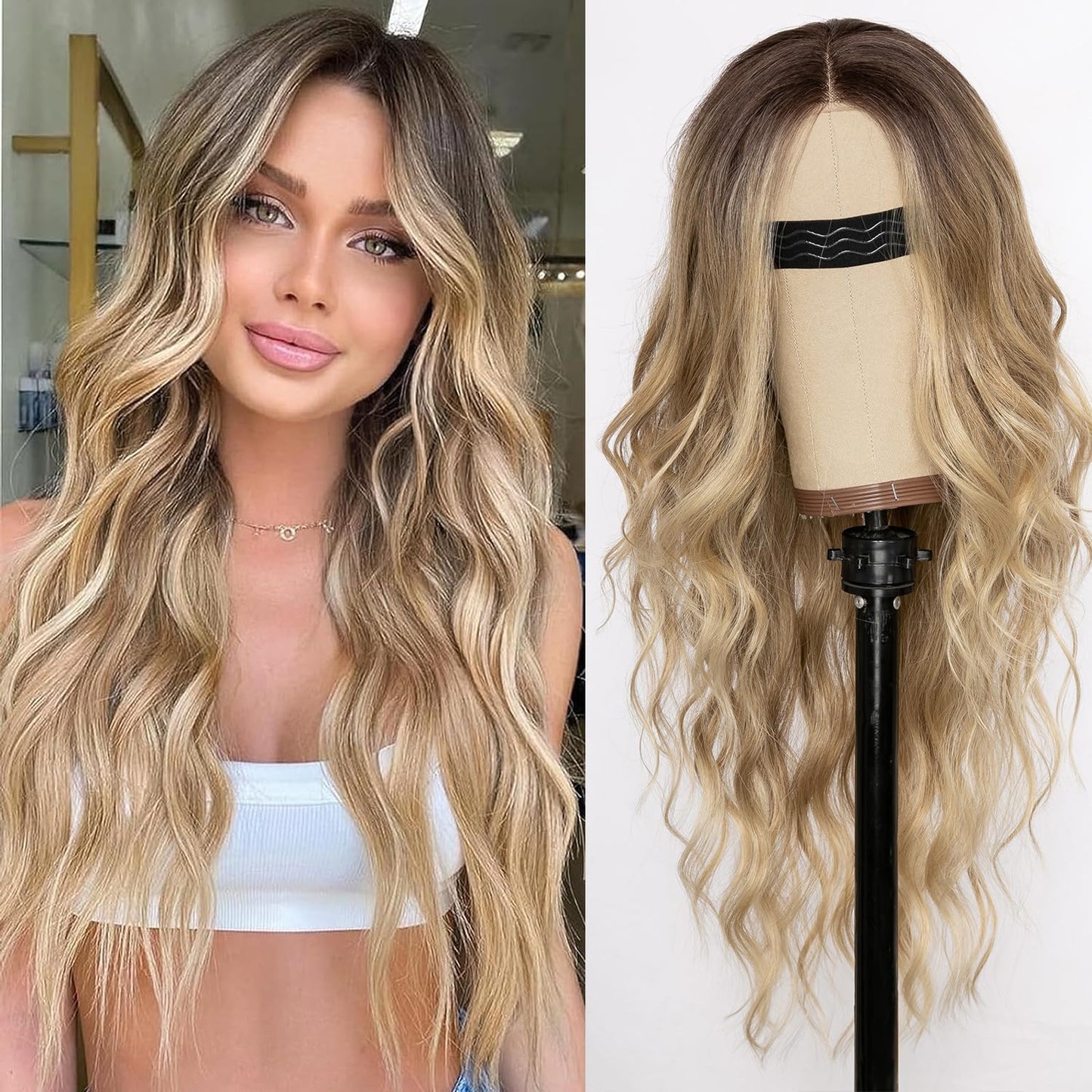 AISI HAIR Blonde Wig for Women, Long Wavy Lace Hairline Blond Synthetic Middle Part Ombre Blonde Wigs for Daily Party-26 Inch