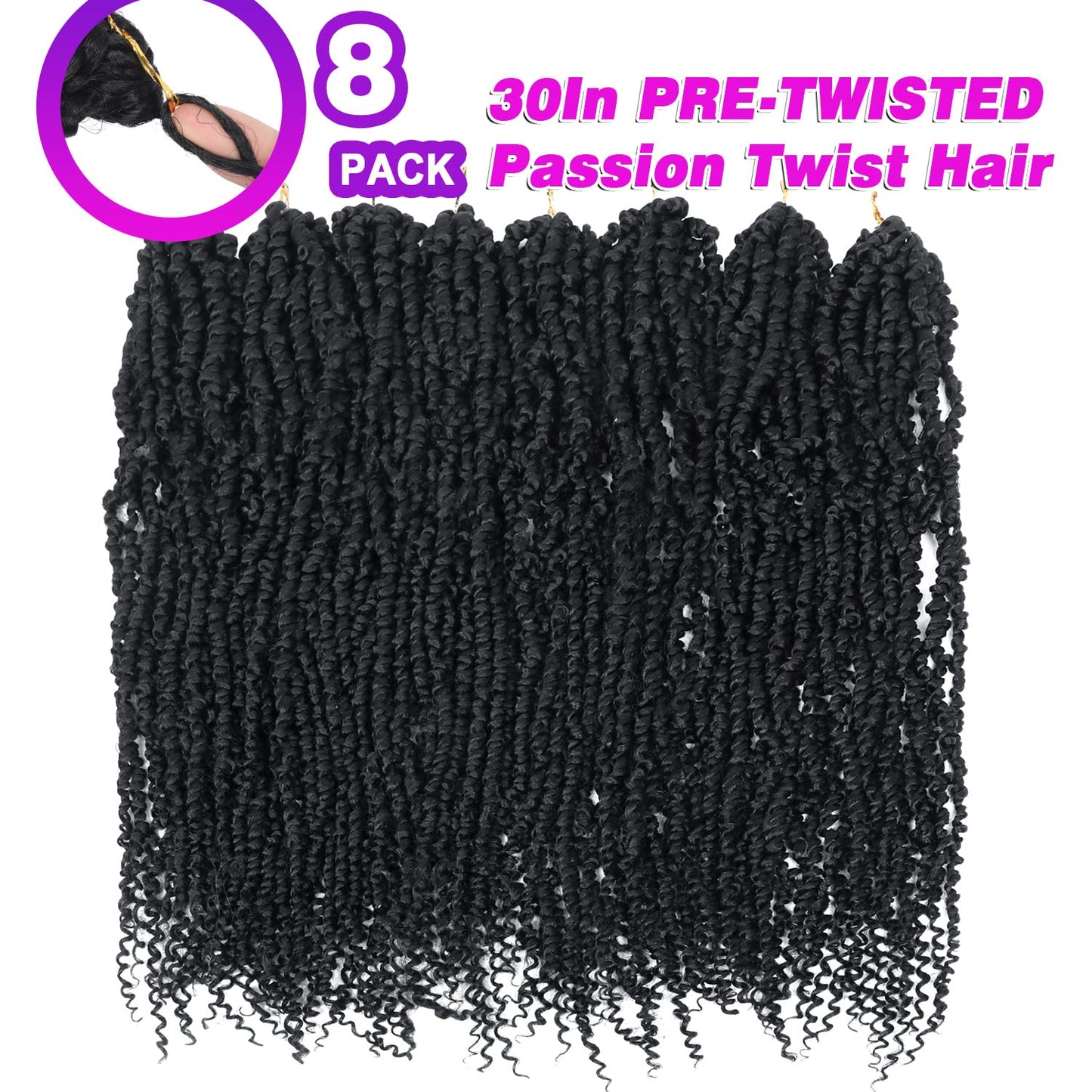 30 Inch Passion Twist Crochet Hair 8 Packs Long Passion Twist Hair Pre-Twisted, Pre Looped Ombre Passion Twists Crochet Passion Twist Hair Pretwisted Bohemian Crochet Hair 1B