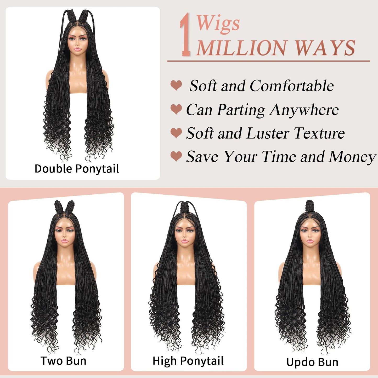 Lexqui 36" 360° HD Full Lace Braided Wigs for Women Box Braid Wig with Boho Curly End Triangle Knotless Braided Wigs with Baby Hair Handmade Synthetic Hair Braided Lace Front Wig Black