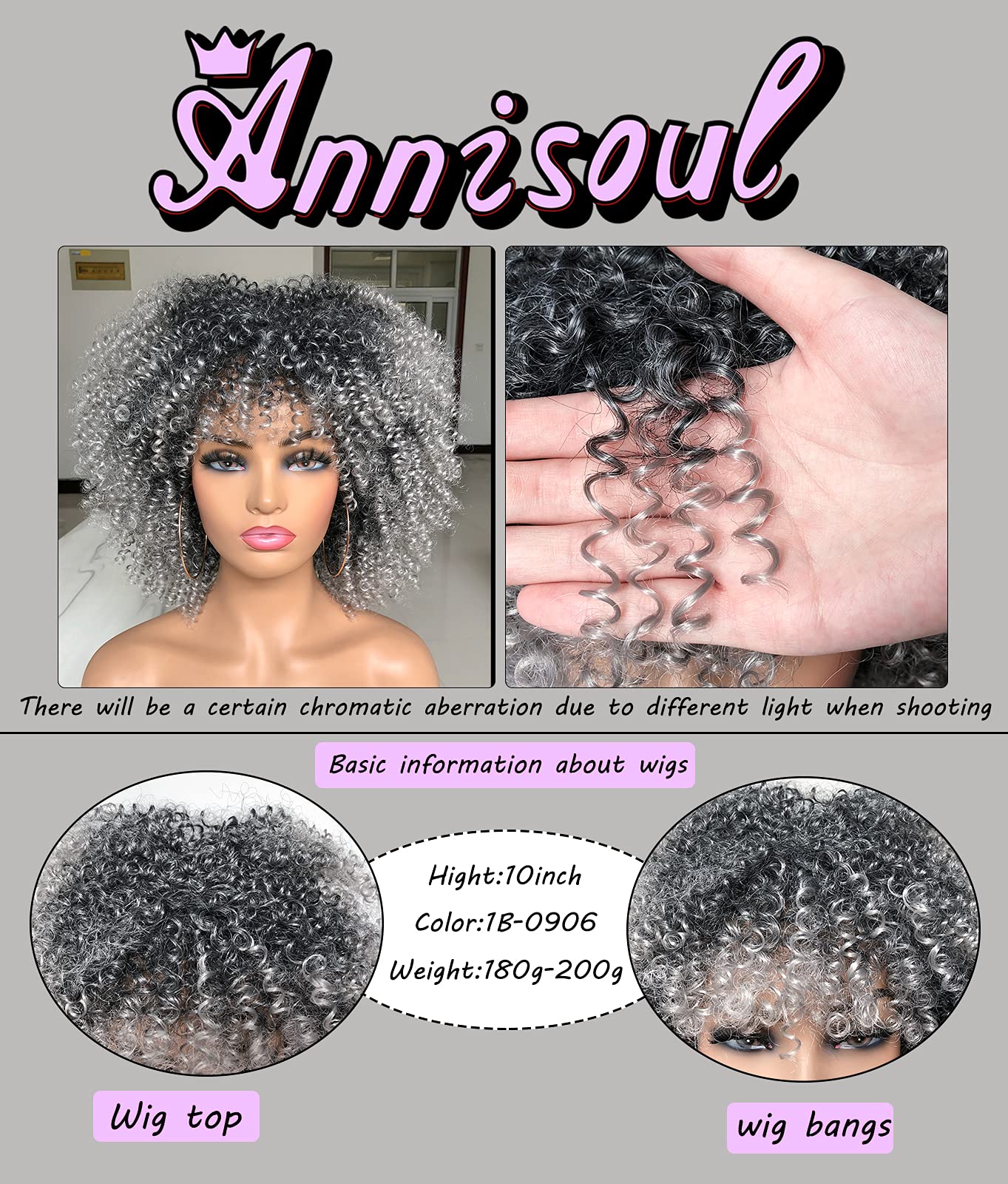 ANNISOUL 10Inch Short Curly Afro Wigs for Black Women Bomb Afro Kinky Curly Wig with Bangs Synthetic Fiber Full Wig(Ombre Grey)