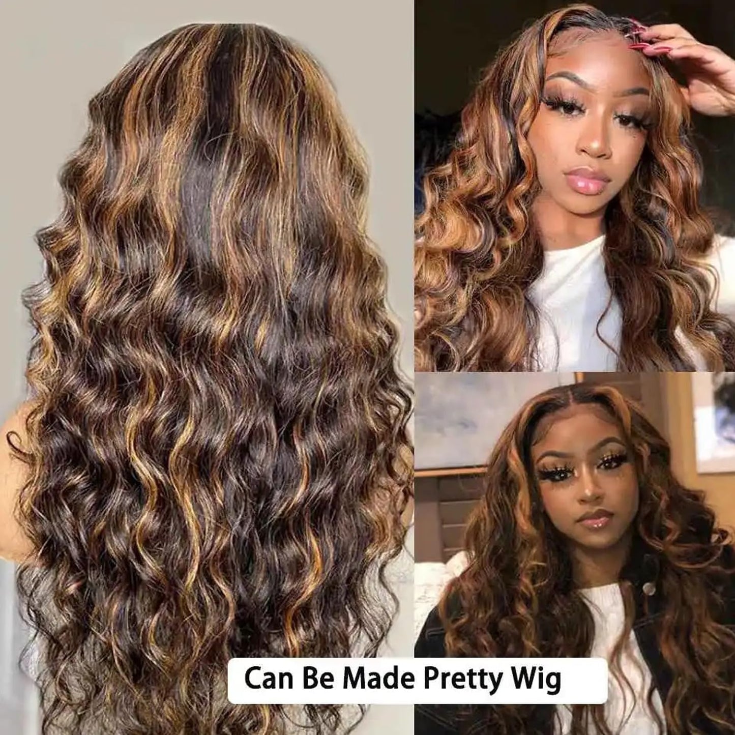 P4/27 Human Hair Bundles with Closure Loose Deep Wave Hair-12 14 16+12inch 4x4 Loose Wave Lace Closure with Bundles, 10A Raw Brazilian Quick Weave Human Hair Honey Blonde Brown Ombré Highlighted Color