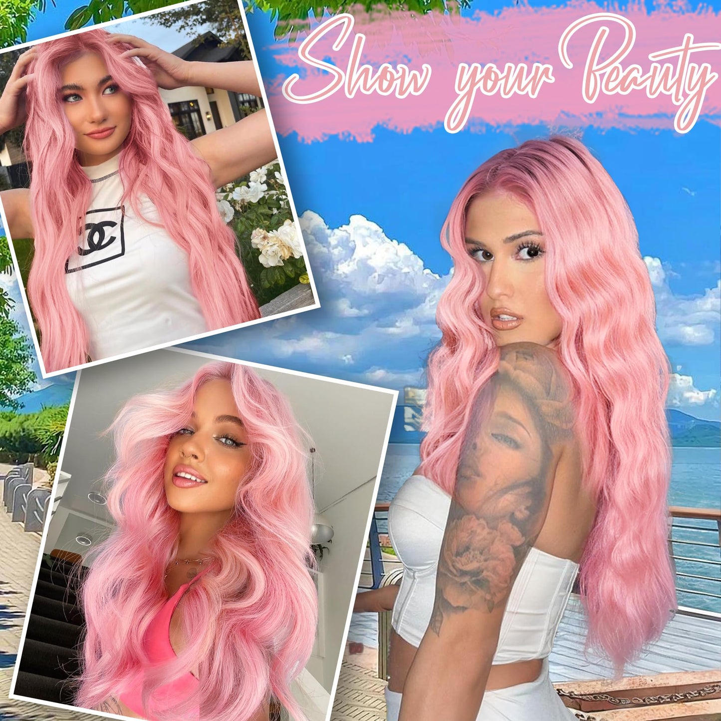 AISI HAIR Pink Wig for Women, Long Wavy Lace Hairline Middle Part Synthetic Wig for Daily Party-26 Inch