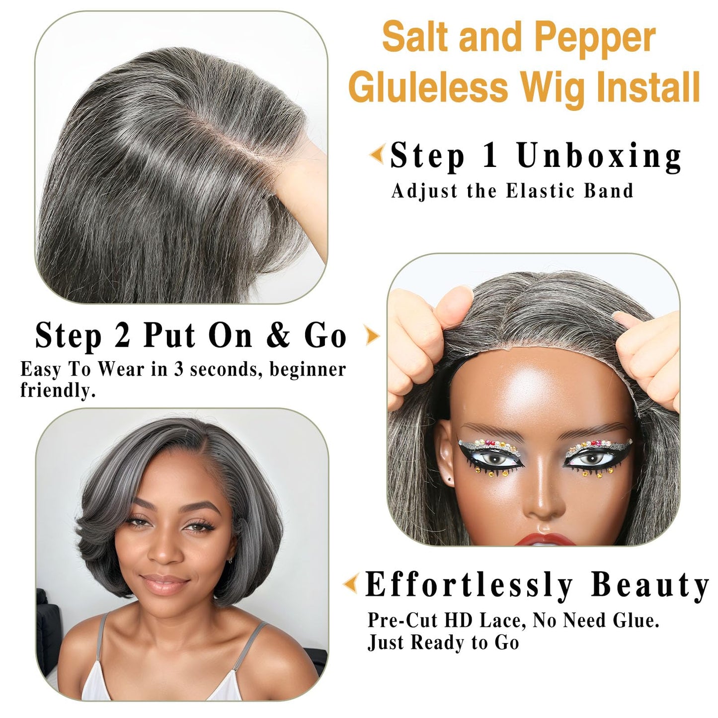 HANASCC Salt and Pepper Wigs for Women 10" Glueless Grey Short Bob Wigs Pre Plucked Body Wave Gray Human Hair Wig Pre Cut 5x5 HD Transparent Grey Glueless Lace Front Wigs for Women