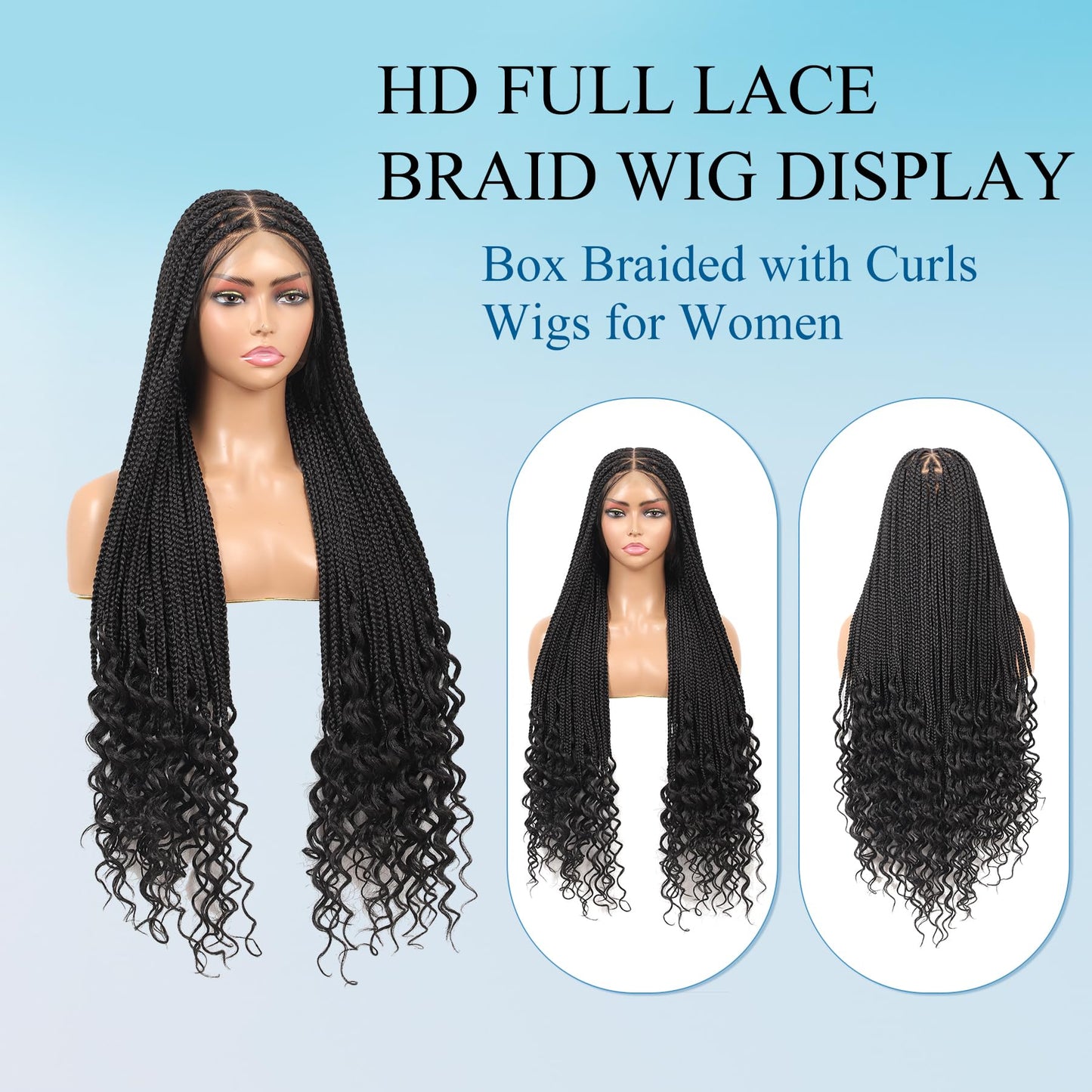 Olymei 360° Hd Full Lace Braided Wigs for Women Triangle Knotless Braided Wigs with Curly End with Baby Hair Box Braid Wig Premium Synthetic Braid Lace Front Wig Black 36"