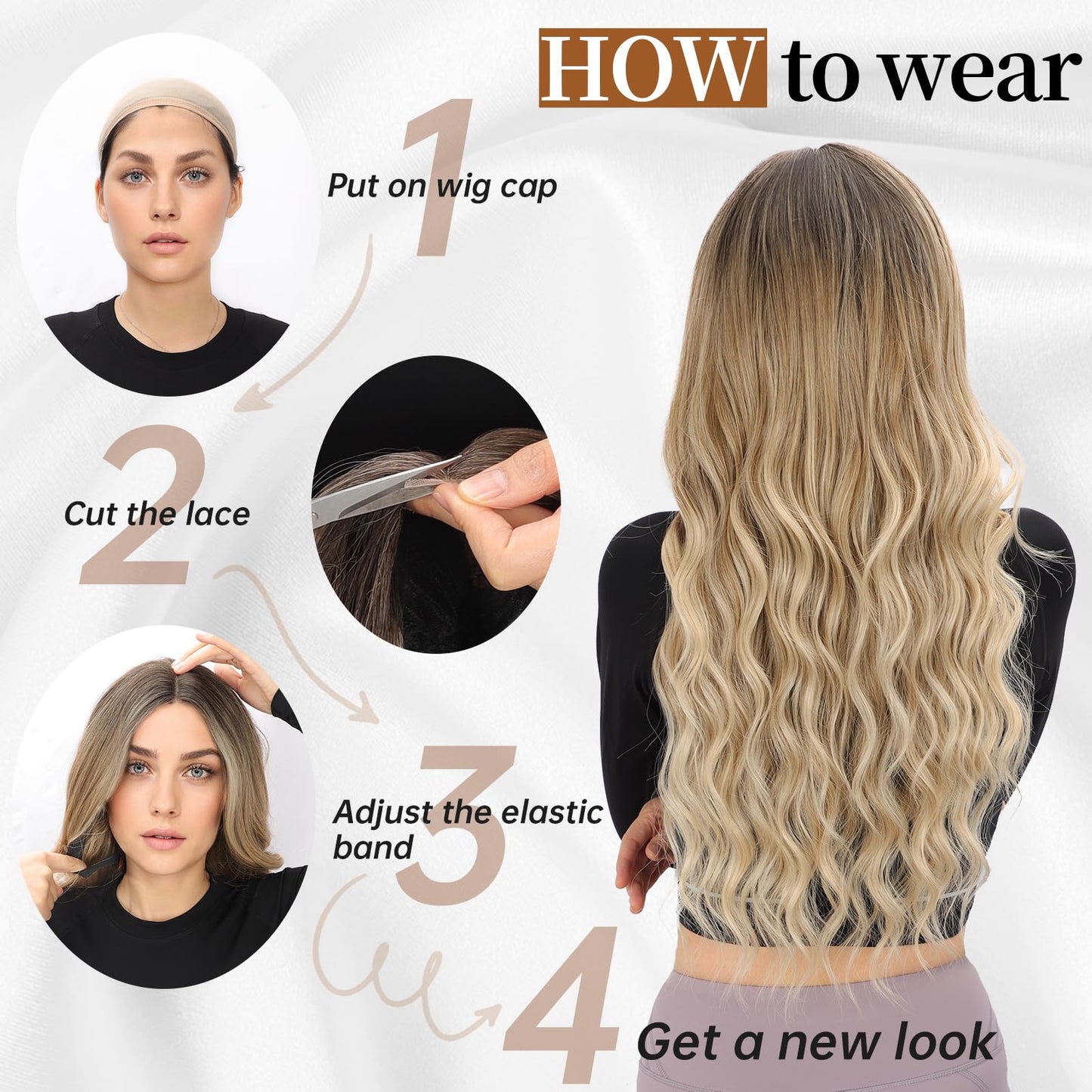 AISI HAIR Long Wavy Brown with Blonde Highlight Lace Hairline Wigs for Women, Middle Part Synthetic Heat Resistant Wig for Daily Party-26 Inch