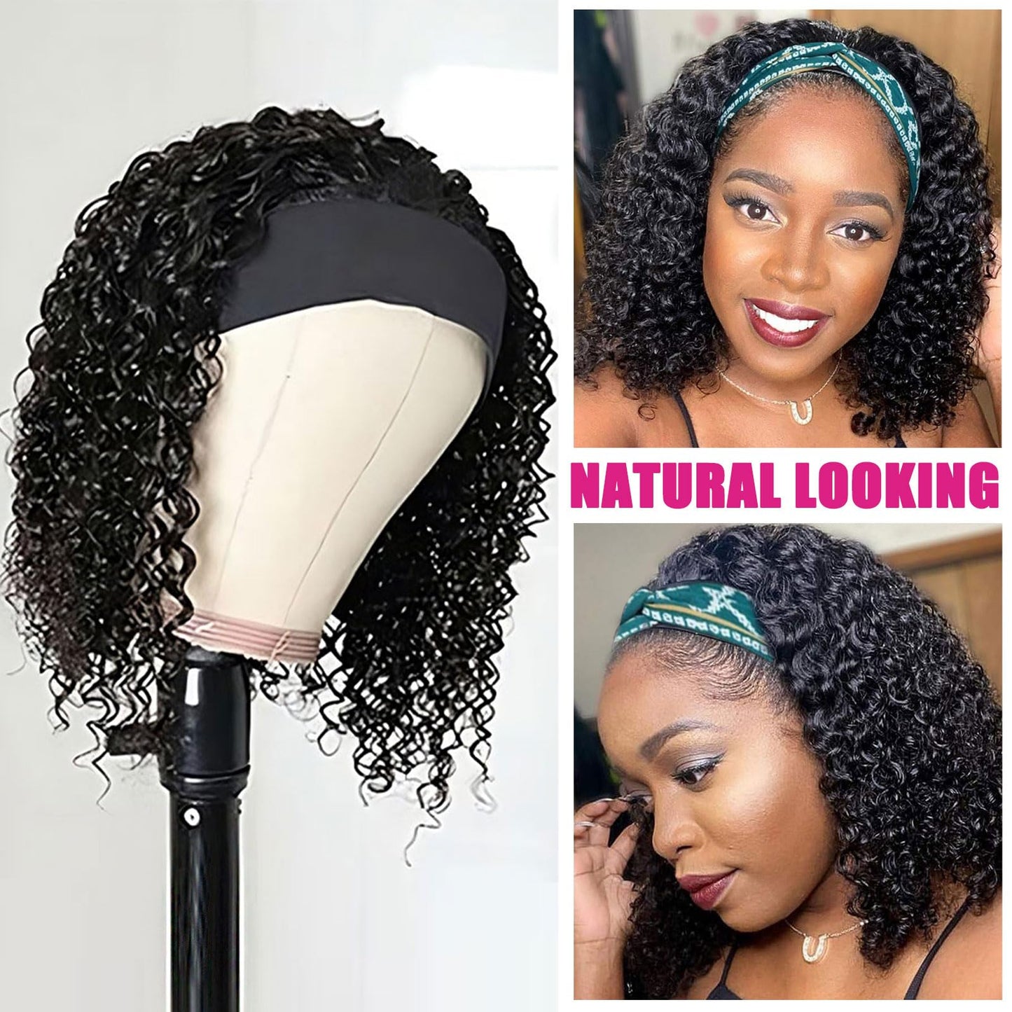 AISI QUEENS Headband Wig Human Hair For Black Women Jerry Curly Wigs Easy Wear Glueless Human Hair None Lace Front Wig Short Curly Headband Wigs (10 Inch, Curly Headband Wigs)