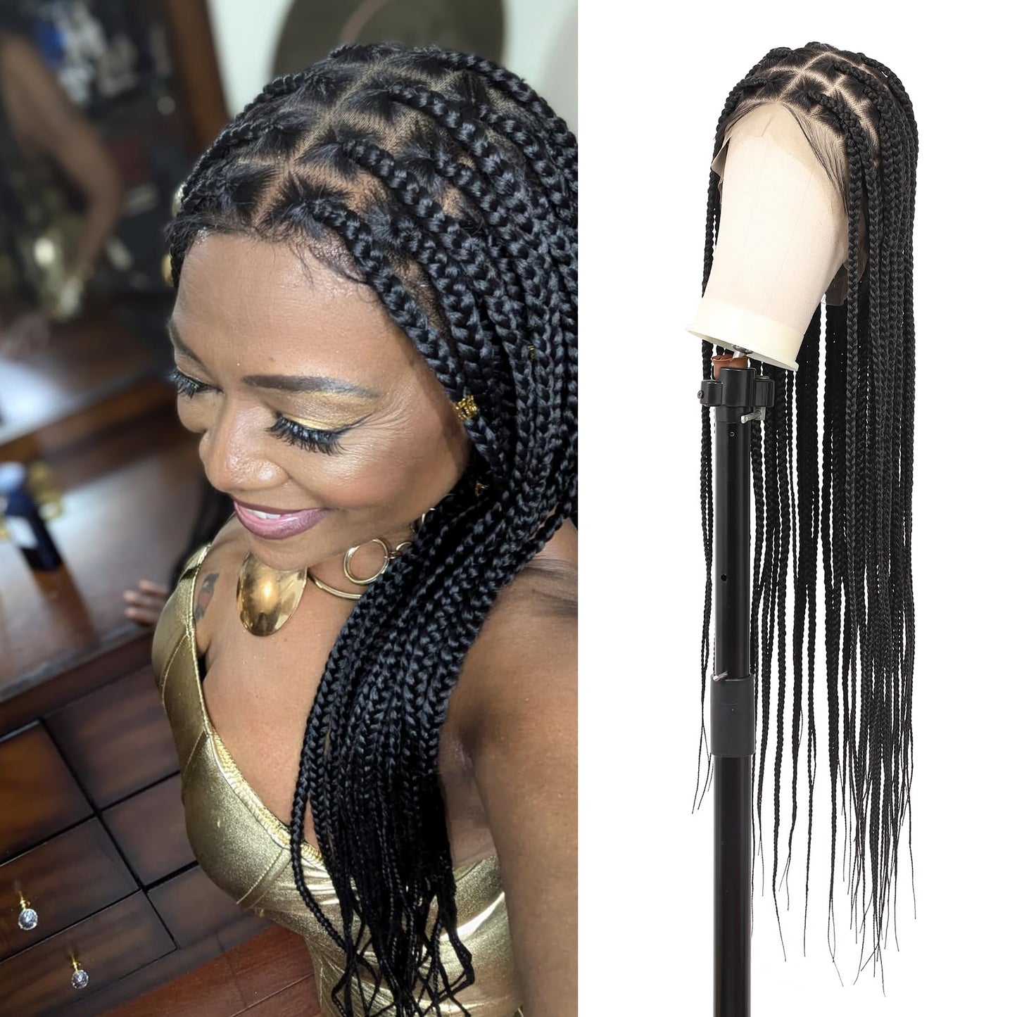 Olymei 360° HD Full Lace Large Square Knotless Braided Wigs for Women Box Braid Wig with Baby Hair Long Black Premium Synthetic Braided Lace Front Wigs 36"