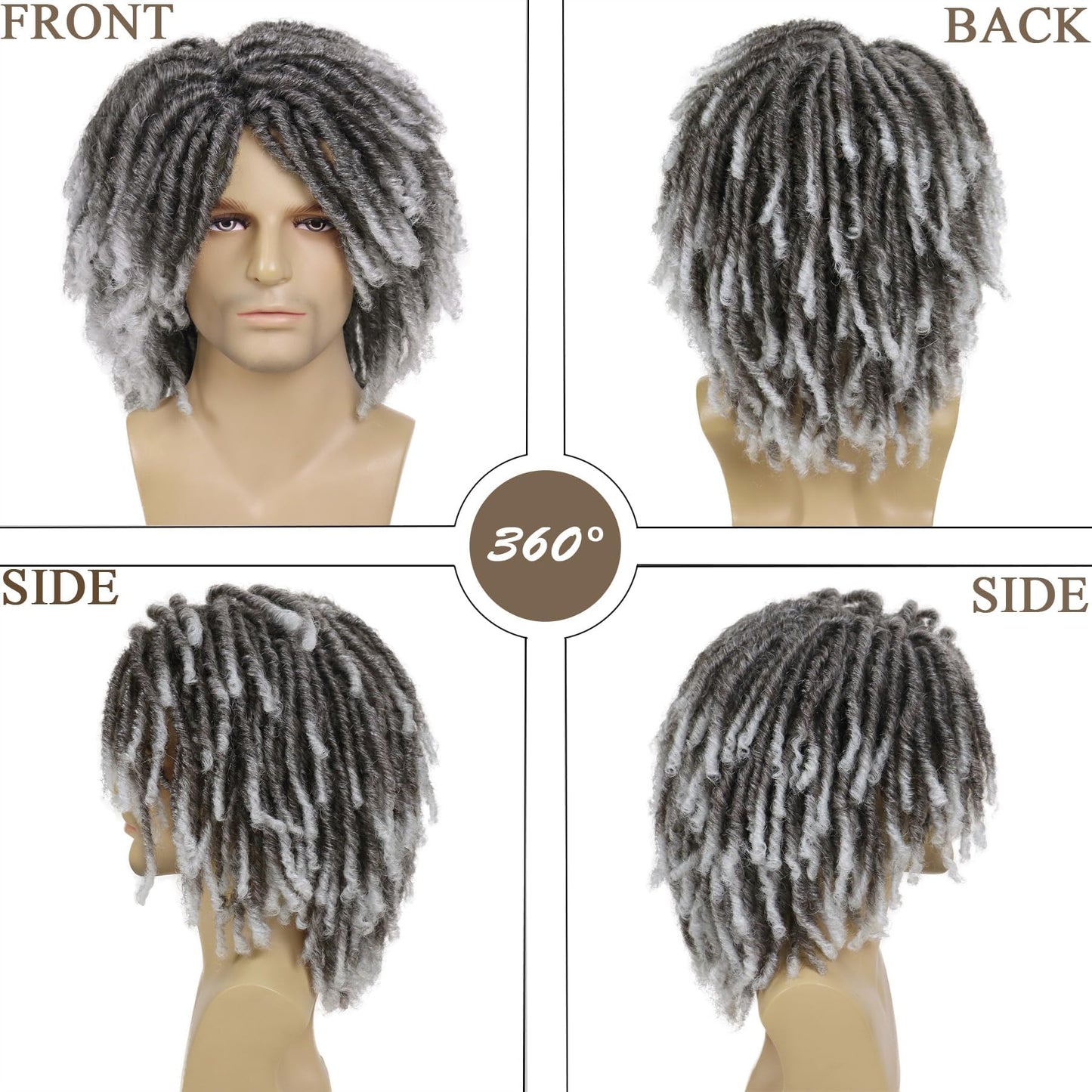 GNIMEGIL Fake Dreads Wigs with Bangs Ombre Grey Color Rocker Rasta Hair Male Dreadlocks Wig Medium Length Colly Braided Wigs for Men Guys Faux Loc Wig Gradient Gray