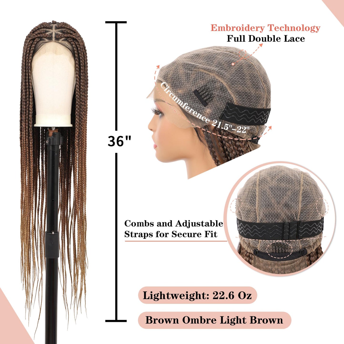 Lexqui 36" Triangle Knotless Braided Wigs for Women Braided Lace Front Wigs Synthetic Hair Box Braid Wig Full Double Lace Braided Wig with Baby Hair Brown Ombre Light Brown