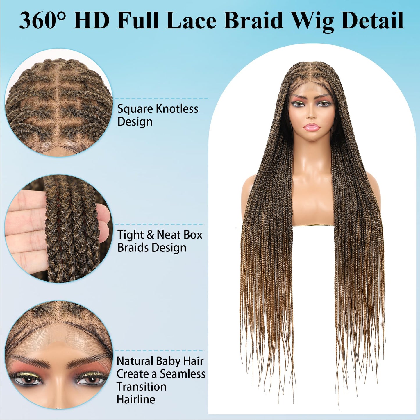 Olymei 360° Hd Full Lace Knotless Braided Wigs for Women Box Braid Wig with Baby Hair Premium Synthetic Long Light Brown Braided Lace Front Wigs 36Inch