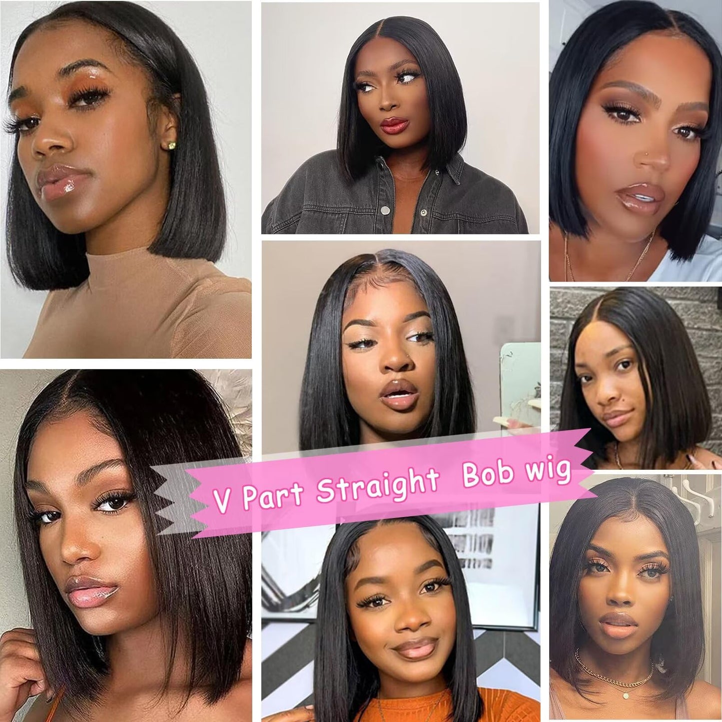 Atikual V Part Wig Human Hair For Black Women 12Inch Short Bob Straight Glueless Wigs Brazilian Remy Human Hair Clip in Half Natural Black