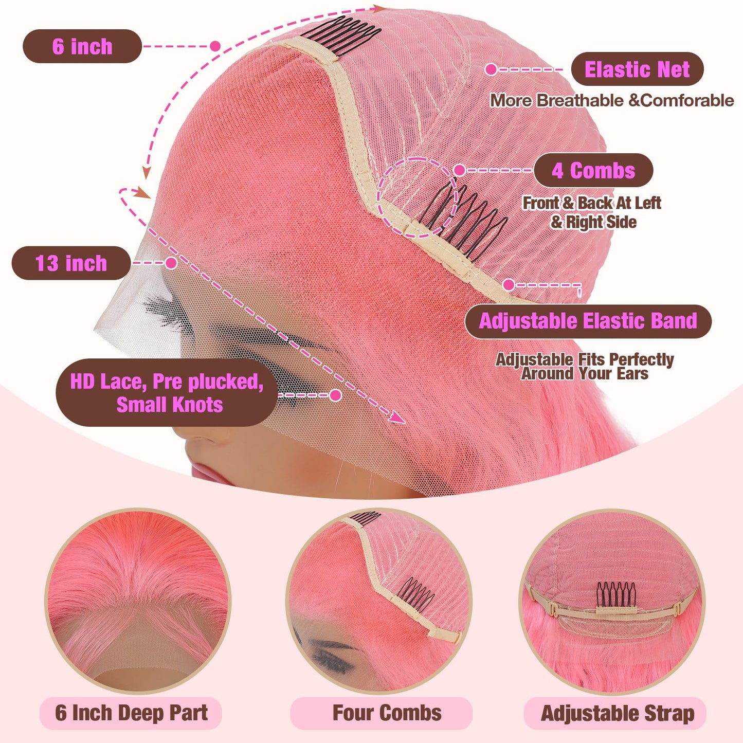 NKMR 13x6 Pink Lace Front Wig Human Hair Pink Wigs for Women Body Wave 13x6 Hd Lace Frontal Wigs Glueless Pre Plucked with Baby Hair(34Inch)