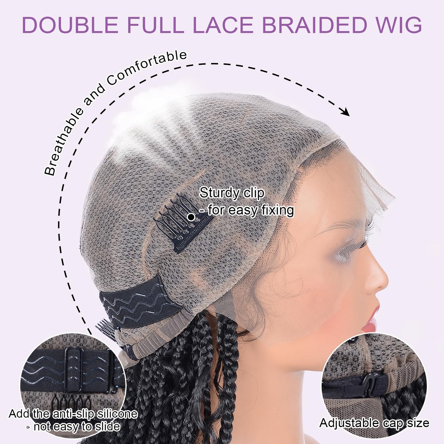 Boho Braided Wigs for Black Women Knotless Box Braids Wig with Curly Ends Double Full Lace Synthetic Glueless Braided Wigs with Baby Hair for Woman Natural Black 32 Inch