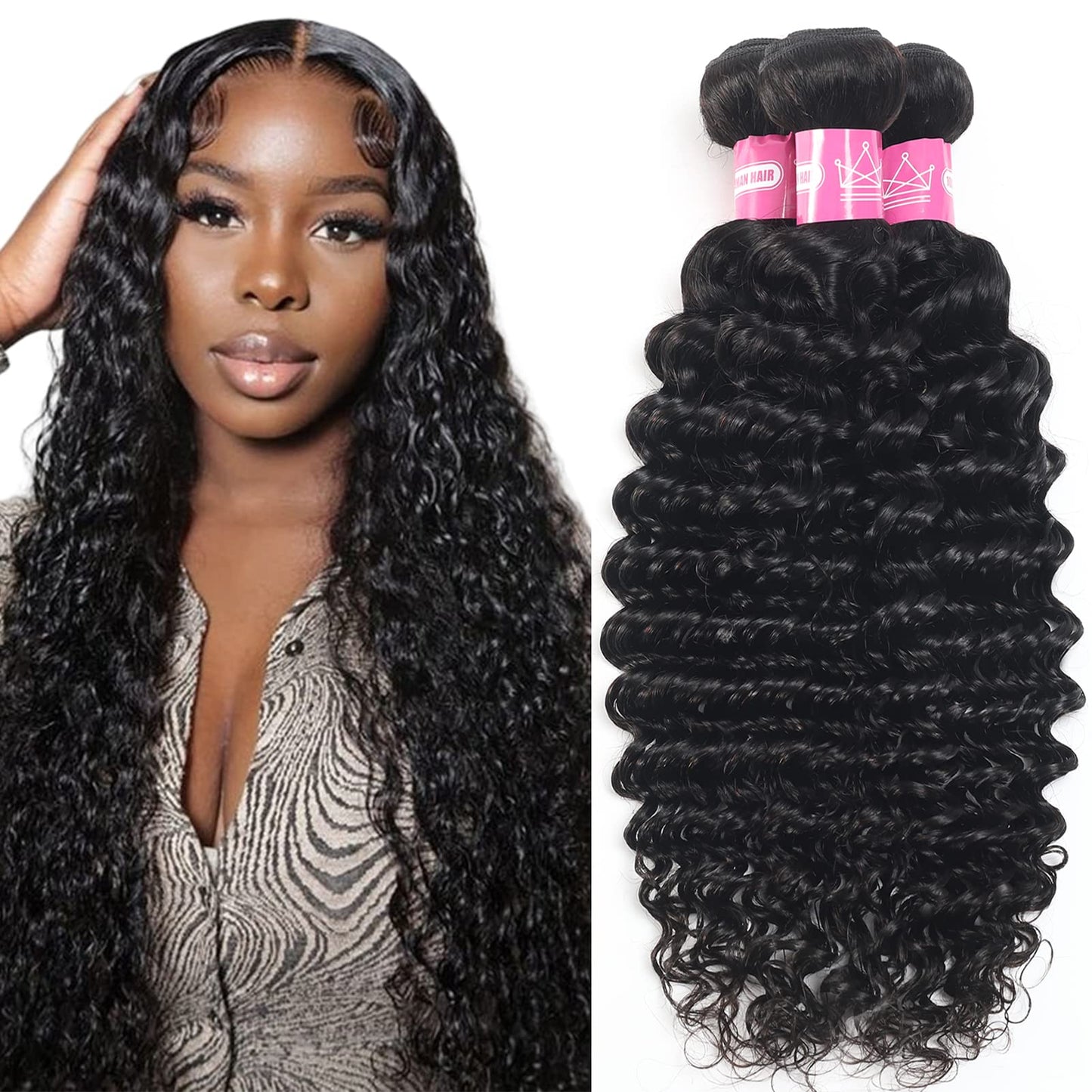 inlovwith Deep Wave Bundles Human Hair 24 Inch 12A Brazilian 100% Unprocessed Virgin Human Hair Bundles Wet and Wavy Human Hair Weave Bundles Natural Black Color Human Hair Extensions