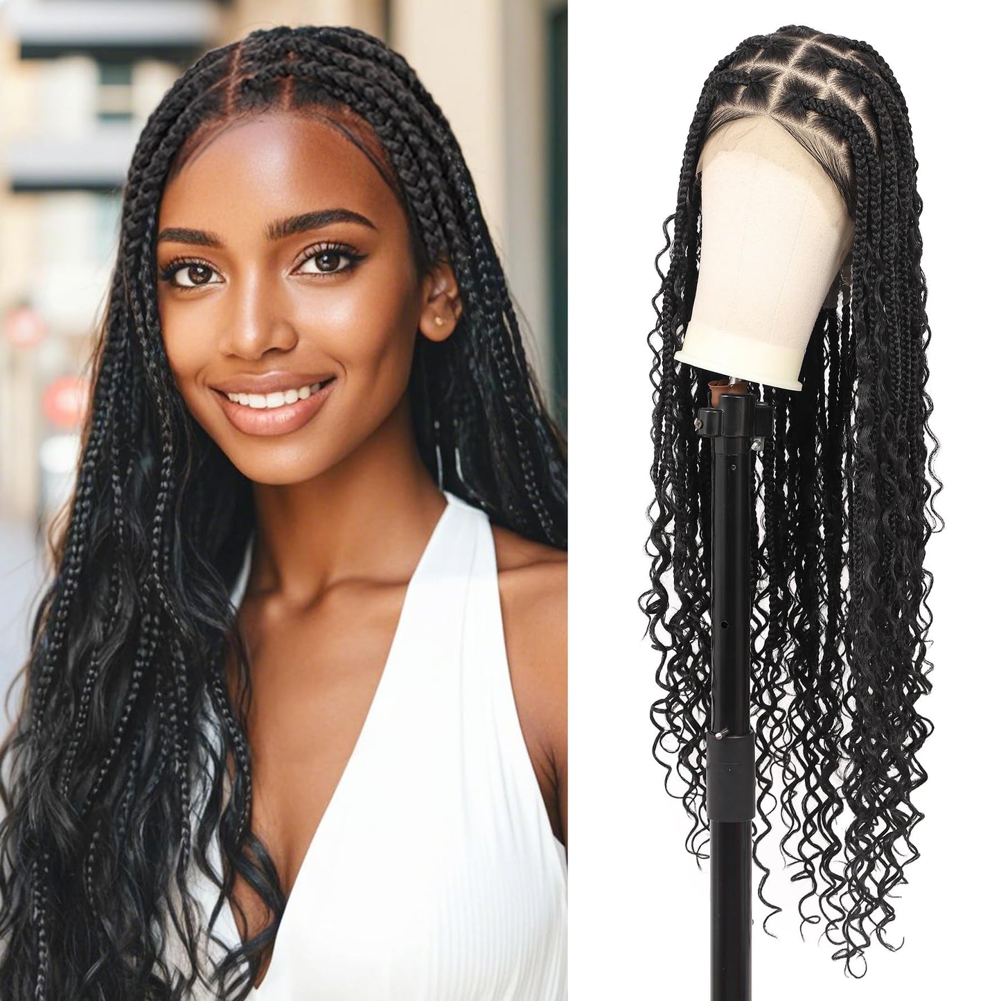 Olymei 360° HD Full Lace Front Knotless Braided Wigs for Black Women Boho Braided Wigs with Baby Hair Box Braid Wig Premium Synthetic Braid Lace Front Wig with Curly End Black 36"