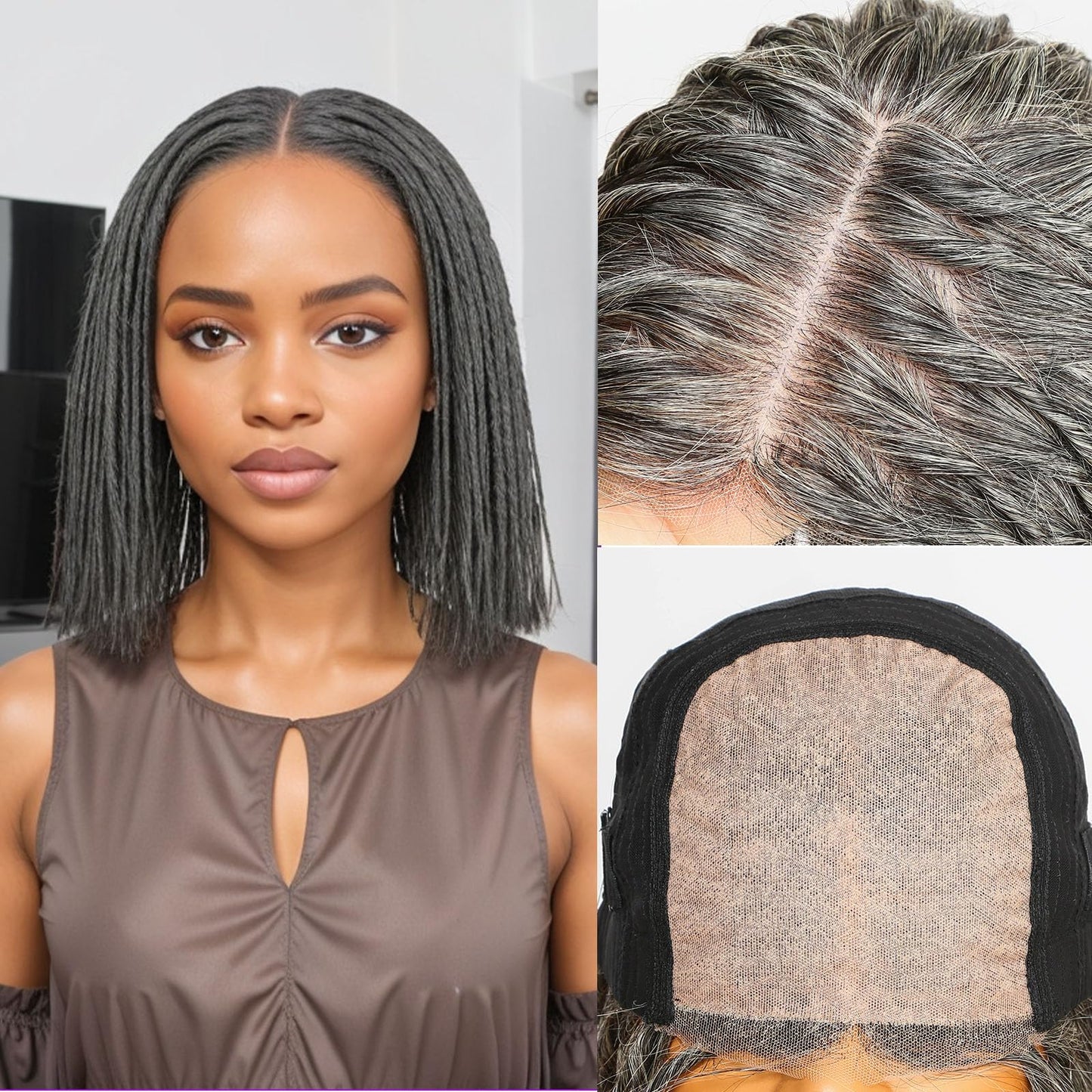 HANASCC Braided Wigs for Black Women Salt and Pepper Grey Twist Braid Wig Human Hair 10 inch Gray Glueless Short Bob Wig 5x5 HD Silk Base Lace Front 250% High Density