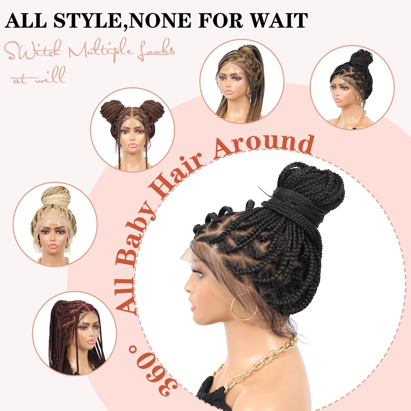 Lexqui 360° HD Full Lace Knotless Braided Wigs for Women Box Braid Wig Synthetic Hair Lace Front Braided Wigs with Baby Hair Braid Wig 36 Inch Brown