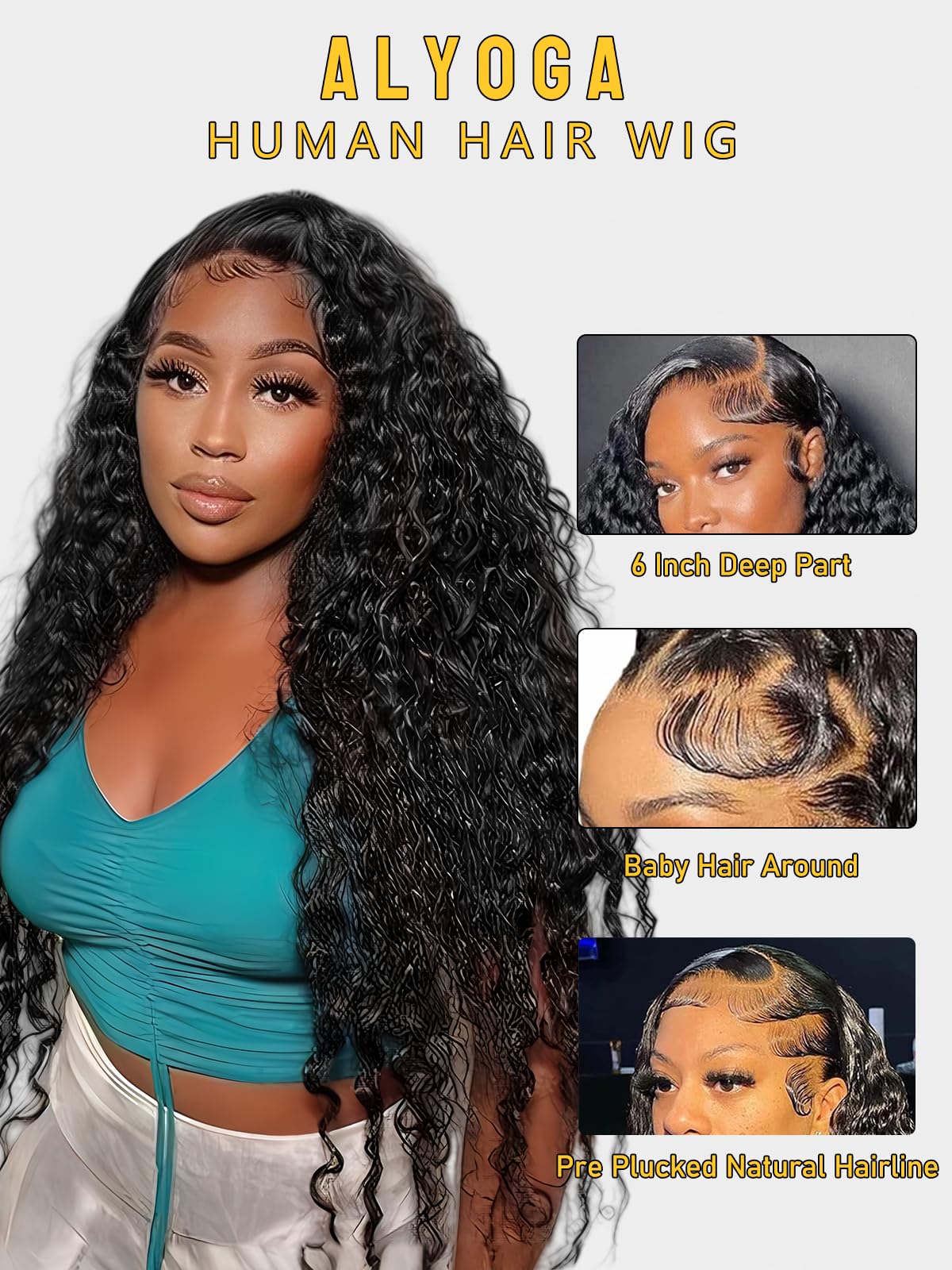 ALYOGA 13x6 Water Wave Lace Front Wigs Human Hair 200 Density Pre Plucked with Baby Hair Water Wave Wigs for Women Glueless Natural Color 24 inch