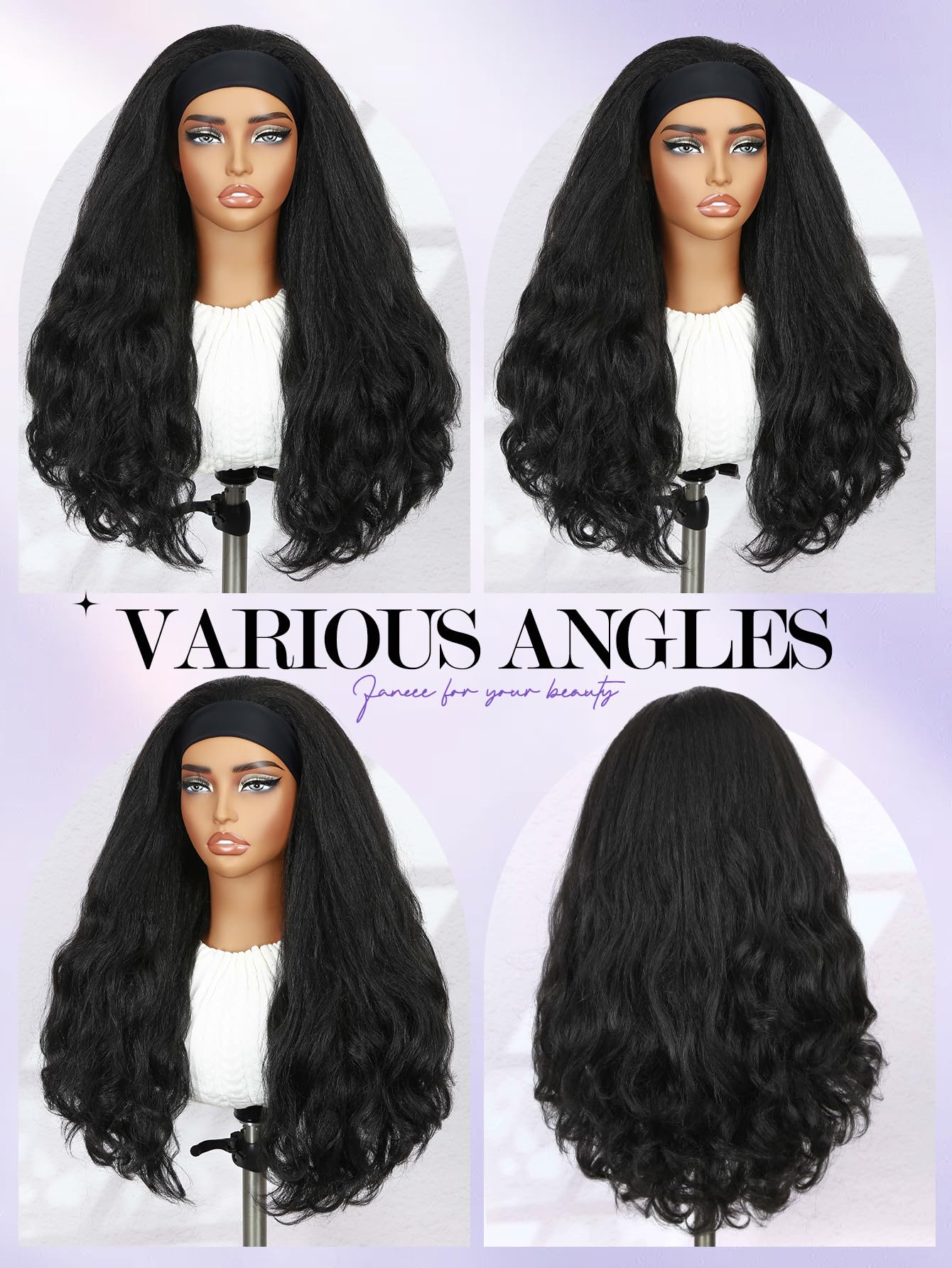 FANCEE Yaki Wavy Headband Wigs Black Kinky Straight Wear and Go Wig with Curly Wavy Ends for Mom on the Go Synthetic Headband Blow Out Style Natural Hair Wig for Black Women