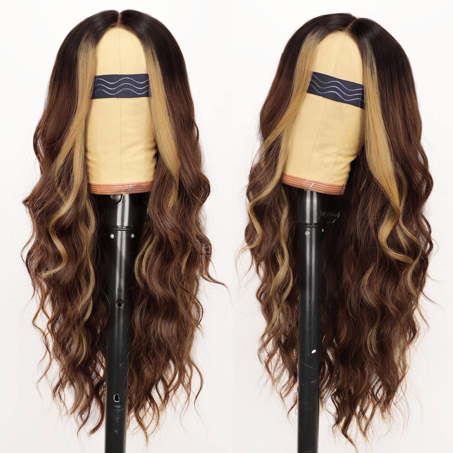 AISI HAIR Brown Highlight Wig for Women, Long Wavy Lace Hairline Middle Part Synthetic Heat Resistant Wig for Daily Party-26 Inch