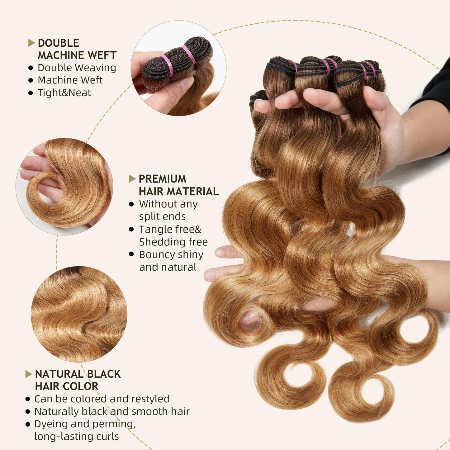 Ombre Human Hair Bundles 4 Bundles 16 18 20 22 Inch Hair Extensions Honey Blonde Highlight Body Wave Bundles Human Hair 100% Unprocessed Brazilian Virgin Hair Quick Weave T4/27