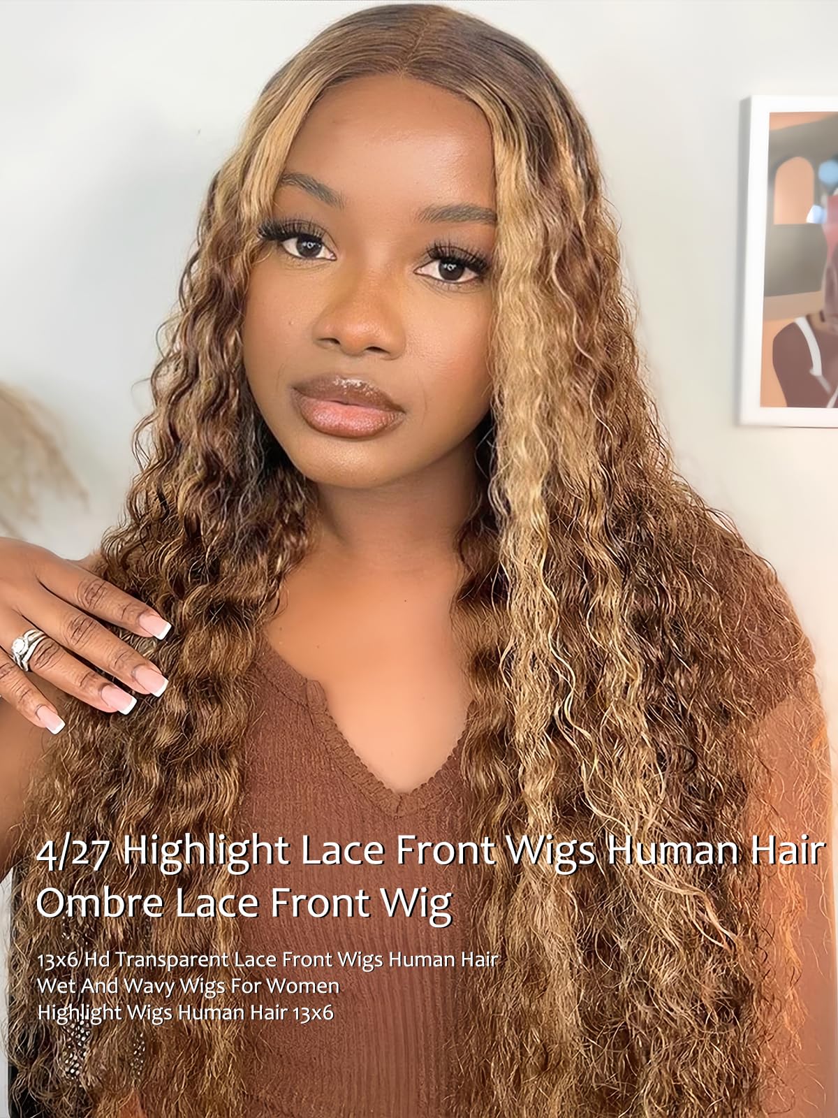 ALYOGA Highlight Wig Human Hair- 200 Density HD Deep Wave Lace Front Wigs, 13x6 Curly Human Hair Wig Pre Plucked 32 inch