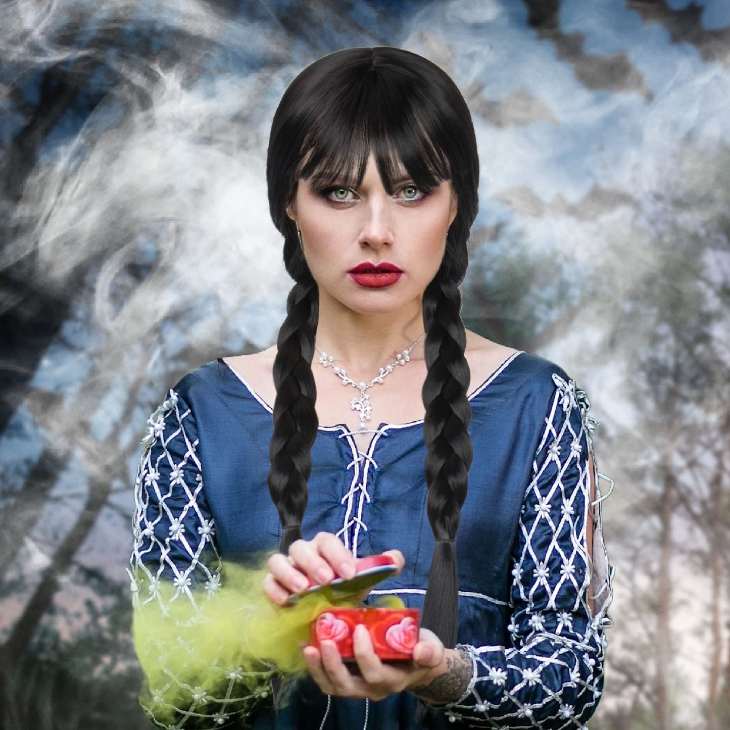 M MISS U HAIR Women Girls Long Black Braids Wig with Bangs Long Straight Pigtails Wig for Adult Costume Halloween Wig