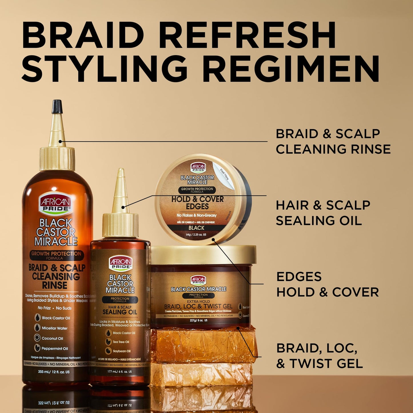 African Pride Black Castor Miracle Extra Hold Braid, Loc, Twist Gel (3 Pack) - Braiding Hair Gel, Edge Control & Tames Frizz, No Flake | Natural Ingredients, Black Castor & Coconut Oil | 12oz