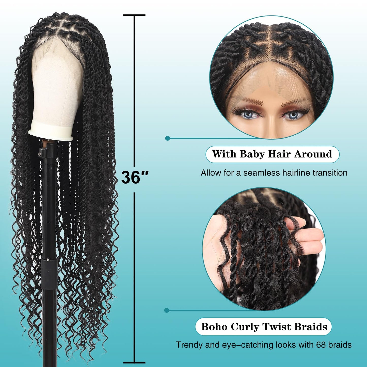 Kalyss HD Full Lace Boho Braided Wigs for Women 360 Lace Front Twist Braided Wigs with Baby Hair Black Premium Synthetic Knotless Braid Wig 36"