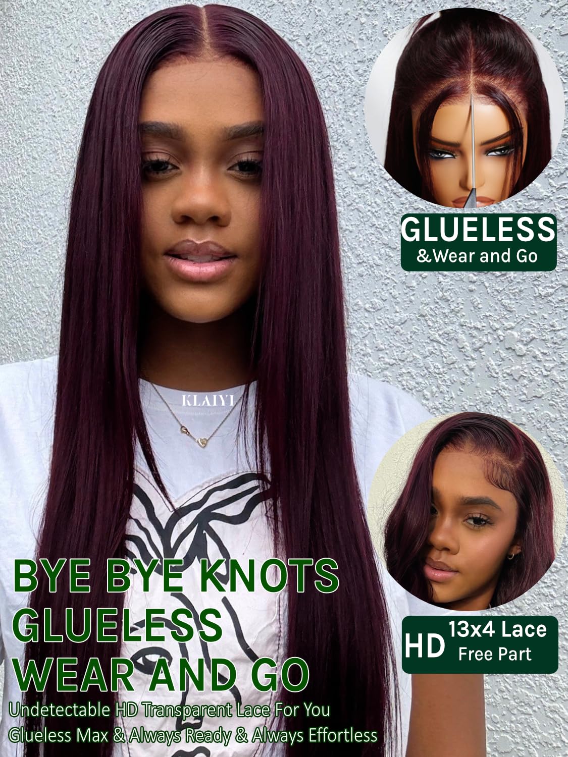 KLAIYI Black Cherry Layered Straight 13x4 Precut Lace Front Wigs Human Hair Bye Bye Knots Glueless Ready to Wear and Go Wig Drawstring Pre Plucked Bleached Dark Burgundy Wine Red Pre Everything 26Inch