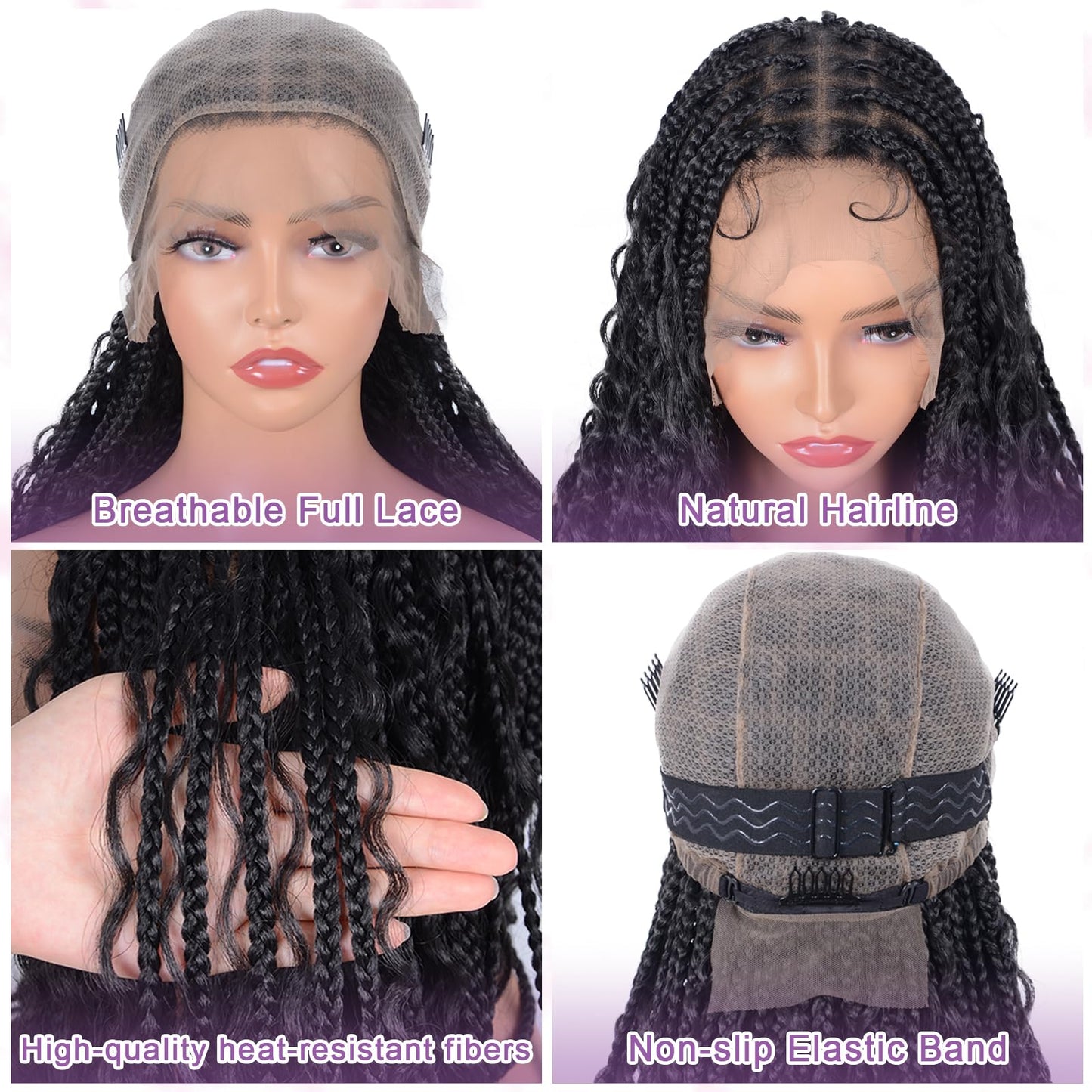 Boho Braided Wigs for Black Women Knotless Box Braids Wig with Curly Ends Double Full Lace Synthetic Glueless Braided Wigs with Baby Hair for Woman Natural Black 32 Inch