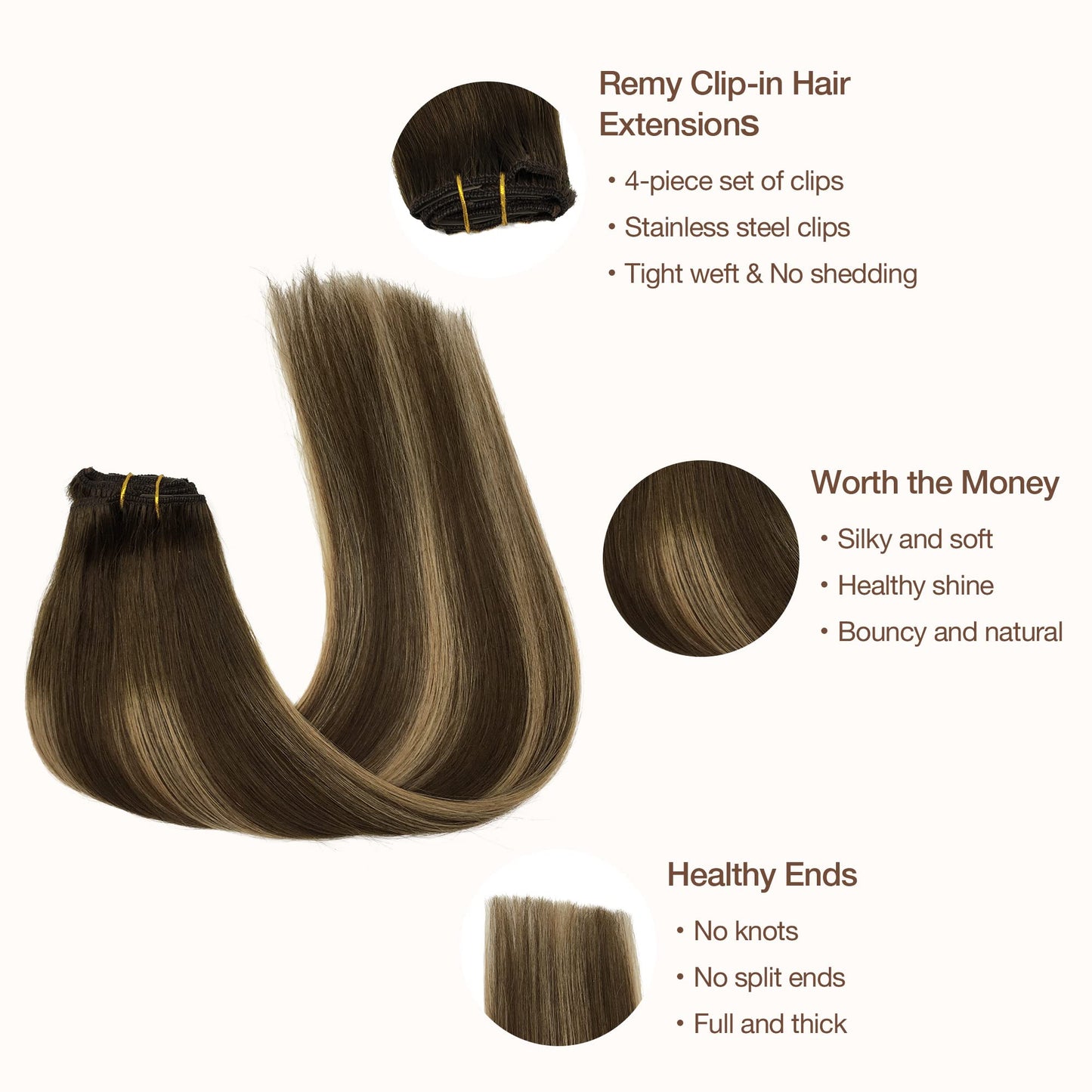 GOO GOO Clip in Hair Extensions Real Human Hair, Remy Human Hair Extensions Clip ins for Women, Natural Human Hair, 14inch 60g 4Pcs, 4/27/4 Balayage Chocolate Brown to Caramel Blonde