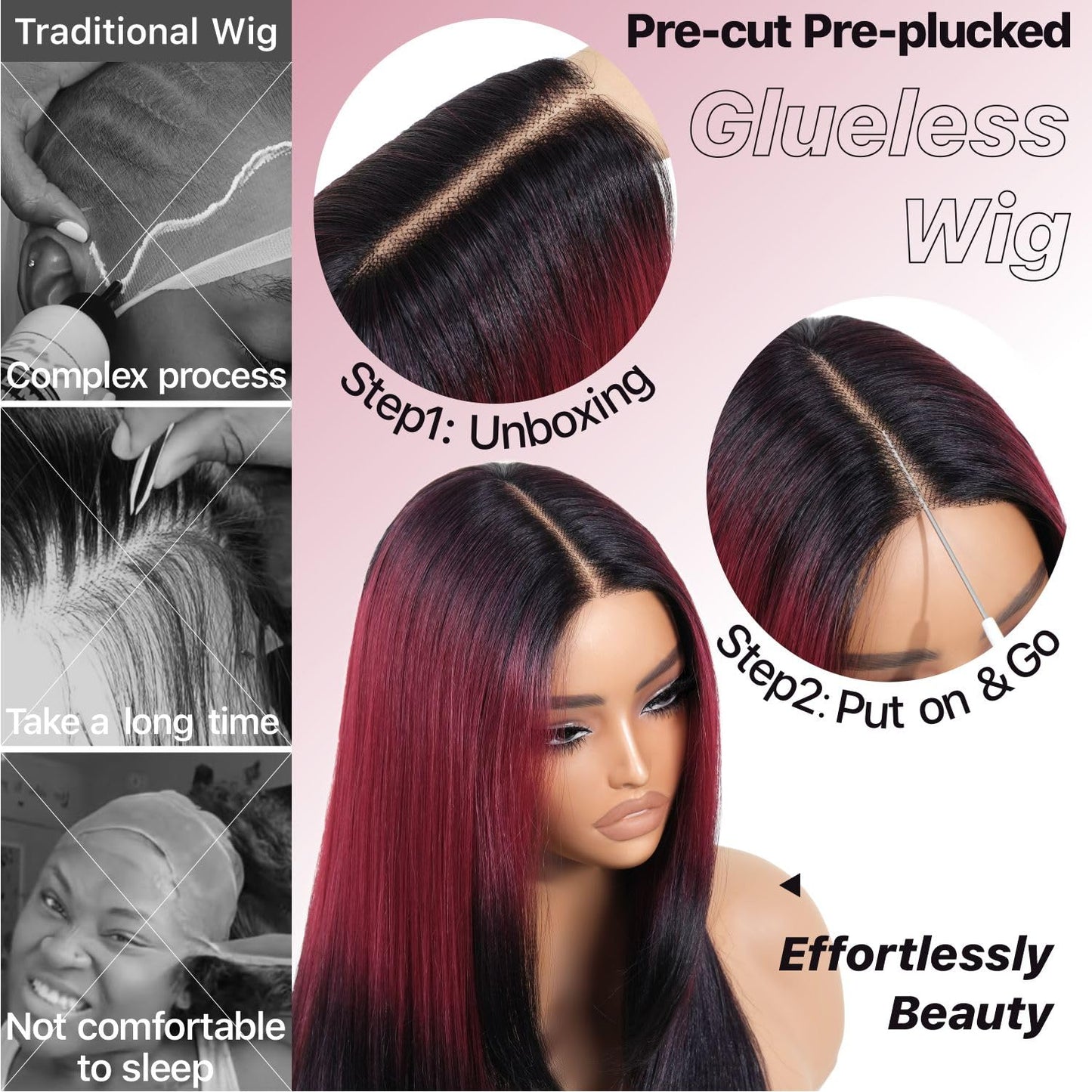 BrownBomb Ombre Red Black Wear and Go Glueless Wigs Pre Plucked Pre Cut for Beginners Synthetic Lace Front Wigs With Bangs Long Straight layered Wigs HD Lace 26 Inch 3 Seconds to Wear for Beginners