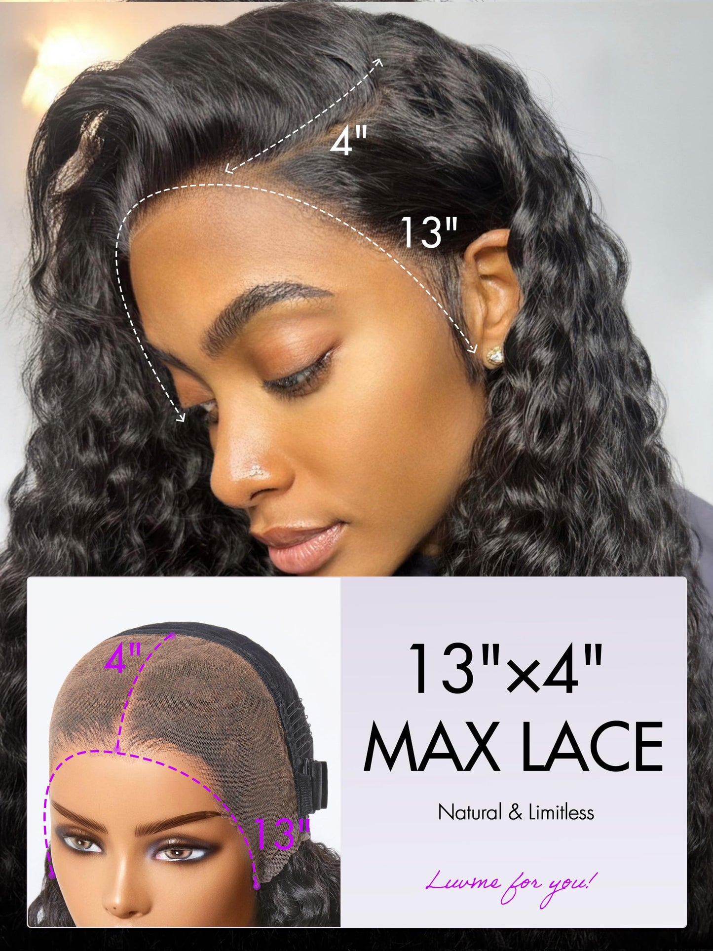 LUVME HAIR Flexi-Fit Invisi Drawstring Wig 13x4 Lace Wig PreMax Lace Wigs Water Wave Curly Lace Front Wigs Human Hair Pre Cut Plucked Lace Frontal 28 Inches Natural Black