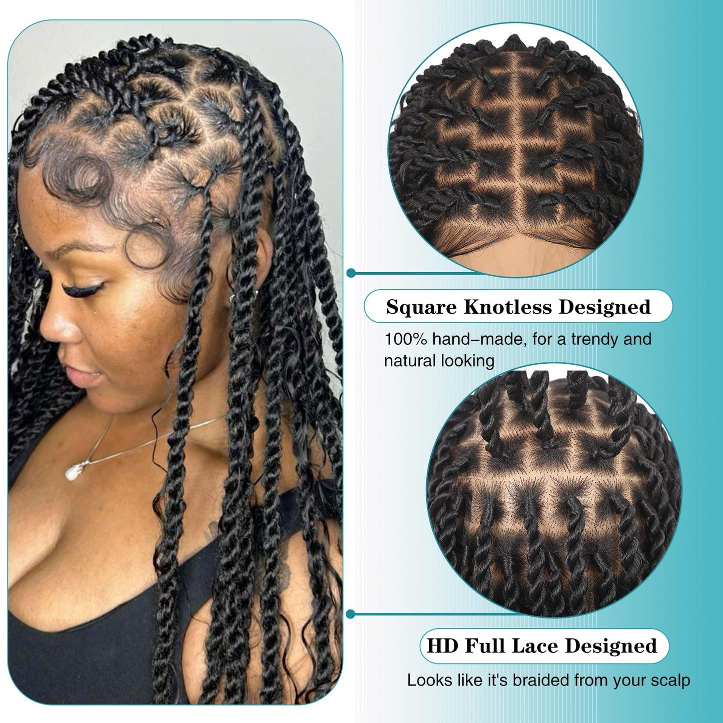 Kalyss HD Full Lace Boho Braided Wigs for Women 360 Lace Front Twist Braided Wigs with Baby Hair Black Premium Synthetic Knotless Braid Wig 36"