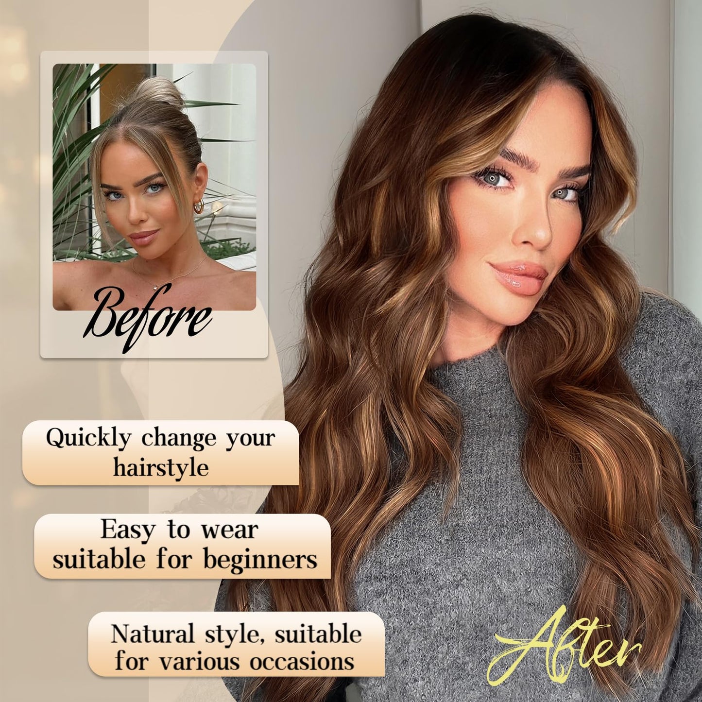 AISI HAIR Brown Highlight Wig for Women, Long Wavy Lace Hairline Middle Part Synthetic Heat Resistant Wig for Daily Party-26 Inch
