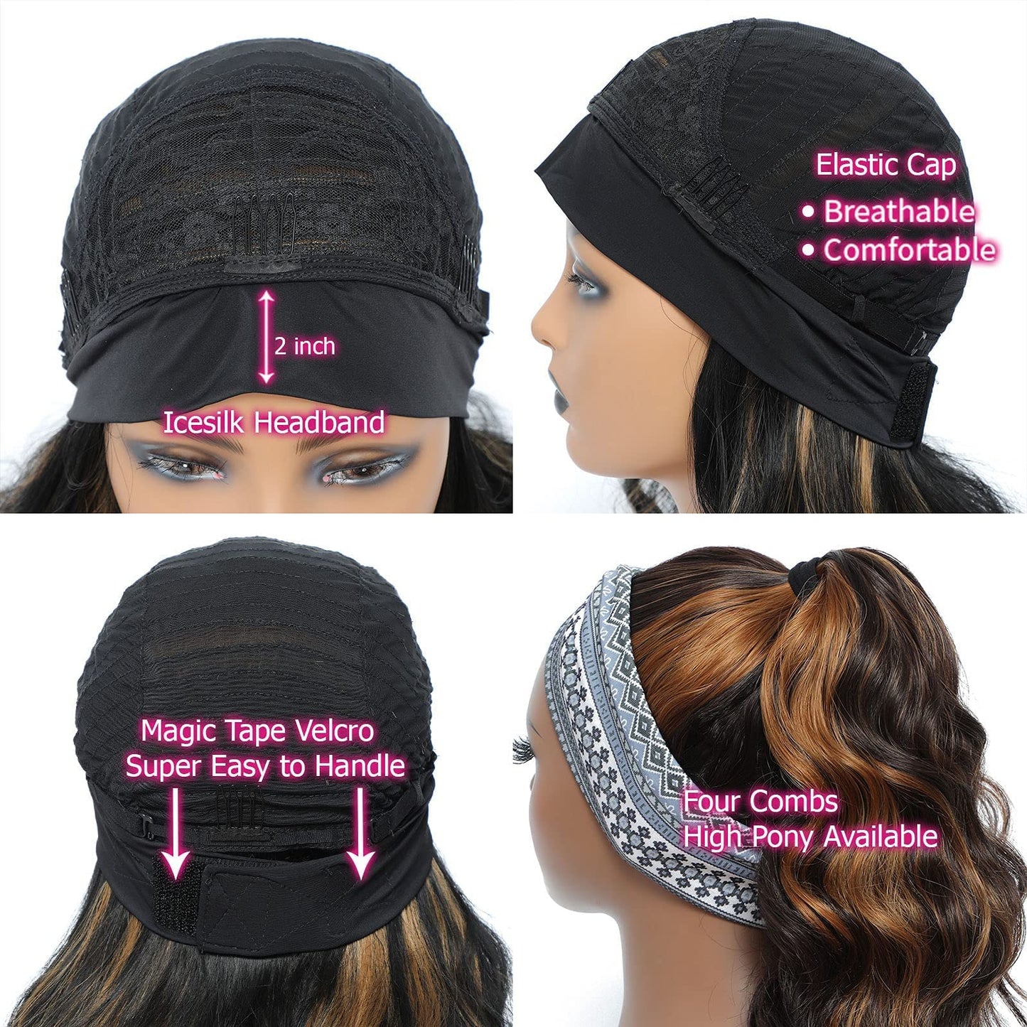 YUPEWG Long Wavy Headband Wigs for Black Women Glueless Highlight Brown And Black Synthetic Headband Wig Ready to Wear Wigs Glueless Wigs Daily Party Wear
