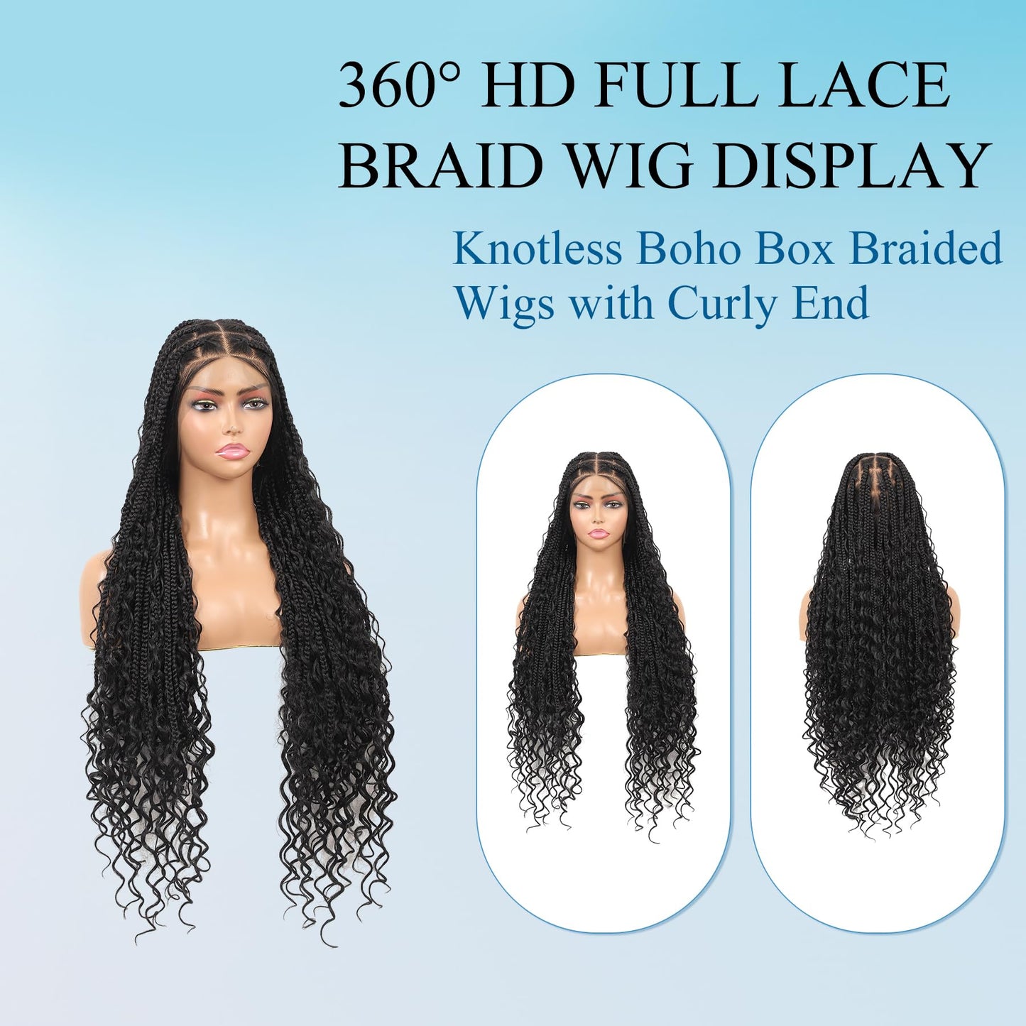 Olymei 360° HD Full Lace Front Knotless Braided Wigs for Black Women Boho Braided Wigs with Baby Hair Box Braid Wig Premium Synthetic Braid Lace Front Wig with Curly End Black 36"