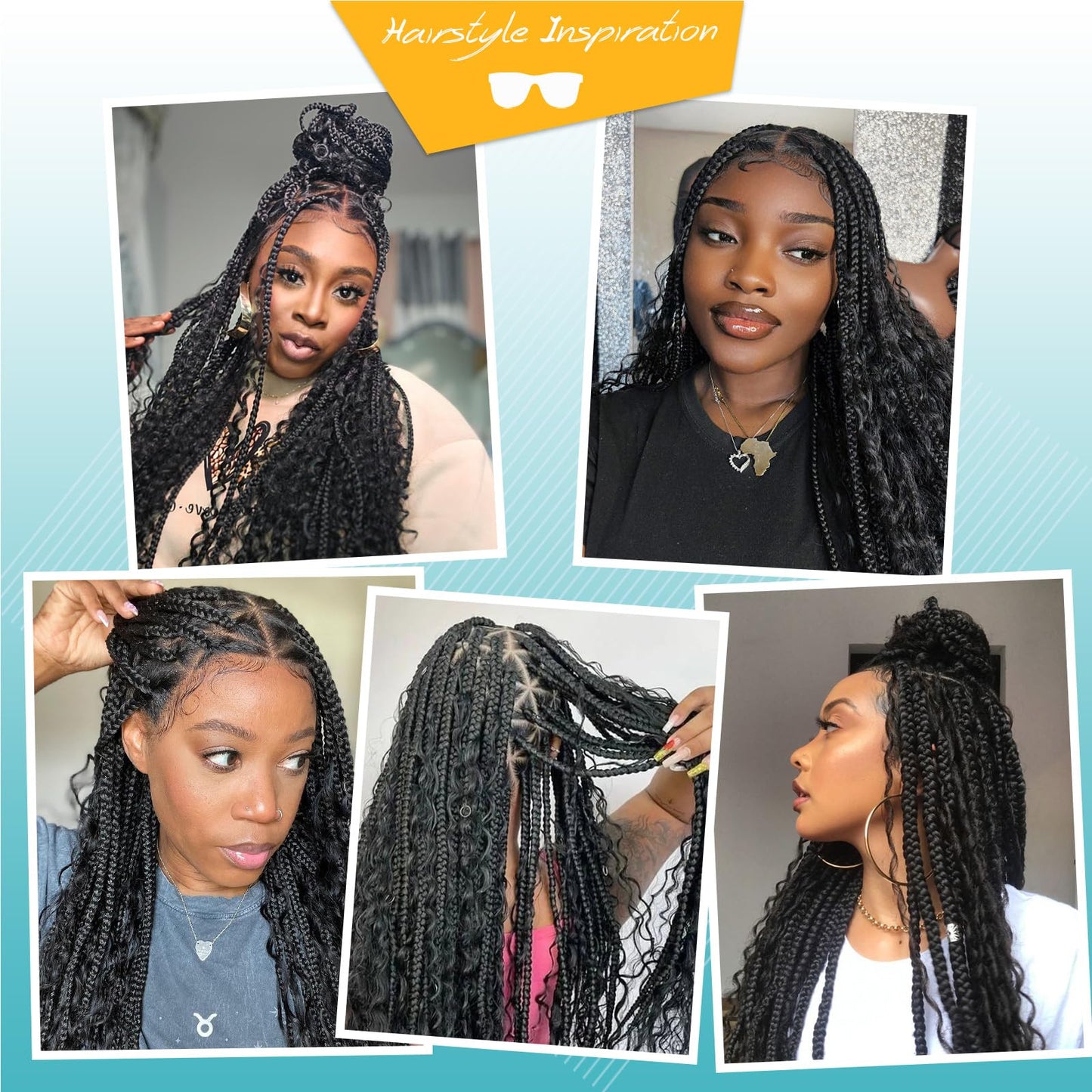 Kalyss HD Full Lace Triangle Knotless Boho Braided Wigs for Women 360 Lace Front Box Braided Wigs with Baby Hair Black Premium Synthetic Knotless Braid Wig 36"