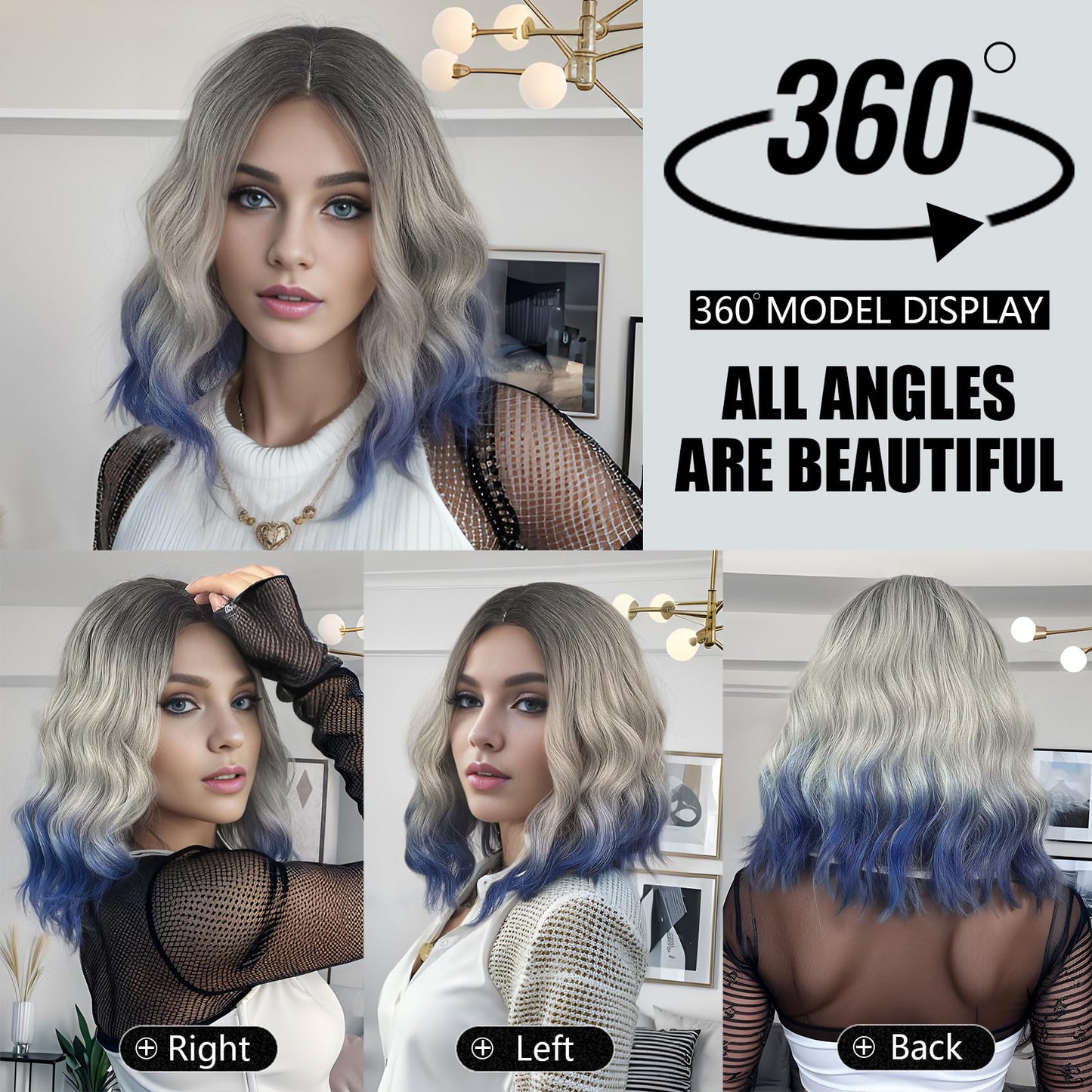MUPUL Black Ombre silver gray To Blue Wig Short Body Wavy Bob Wigs for Women Shoulder Length Synthetic Cosplay Party Wig for Girls Daily Use Colorful Wigs
