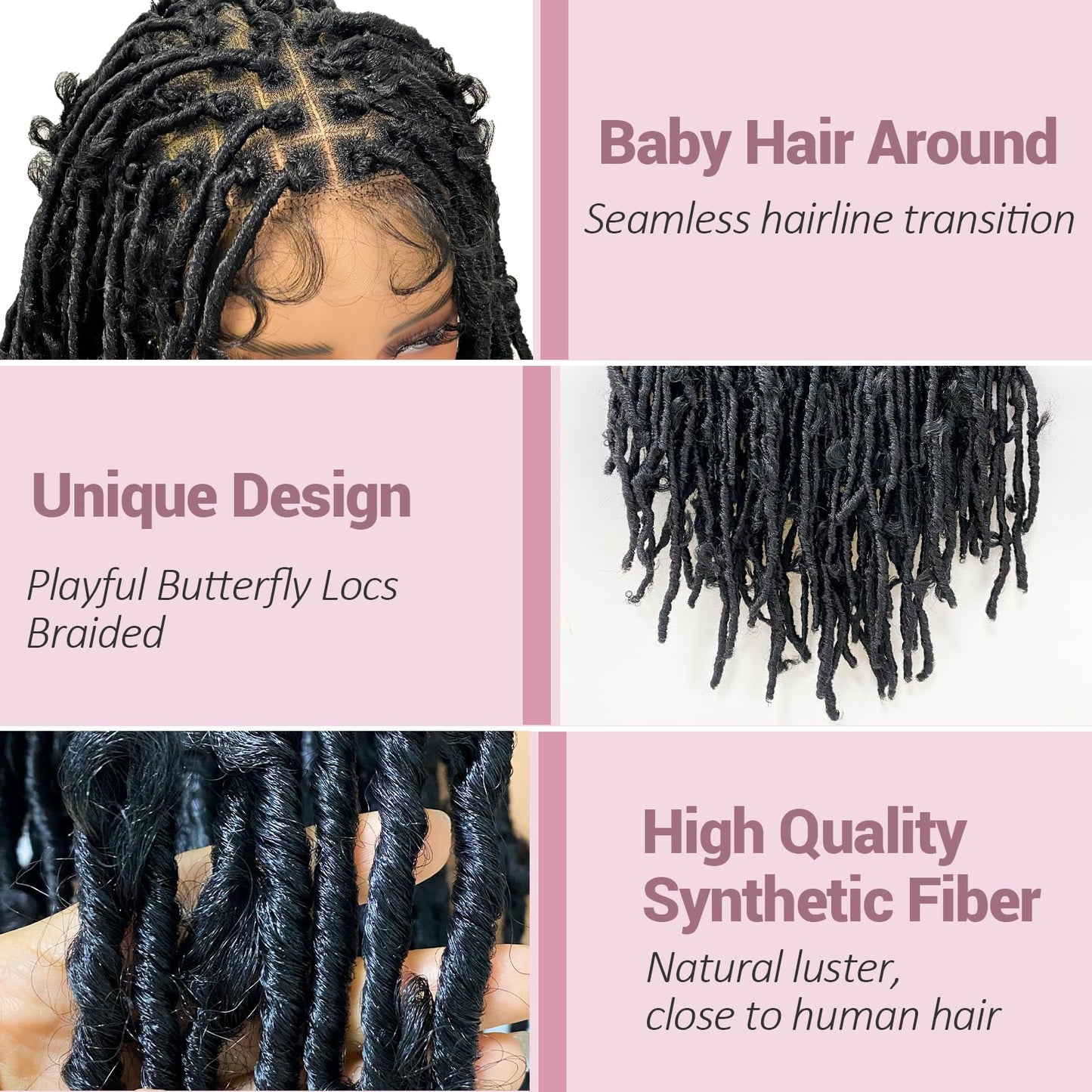 Janyuwool 36" Butterfly Locs Full Lace Knotless Braided Wigs for Black Women Lace Frontal Braid Wig Human Hair Blended Full Double Lace Braided Wig with Baby Hair Lace Front Locs Braids Wig (Black)