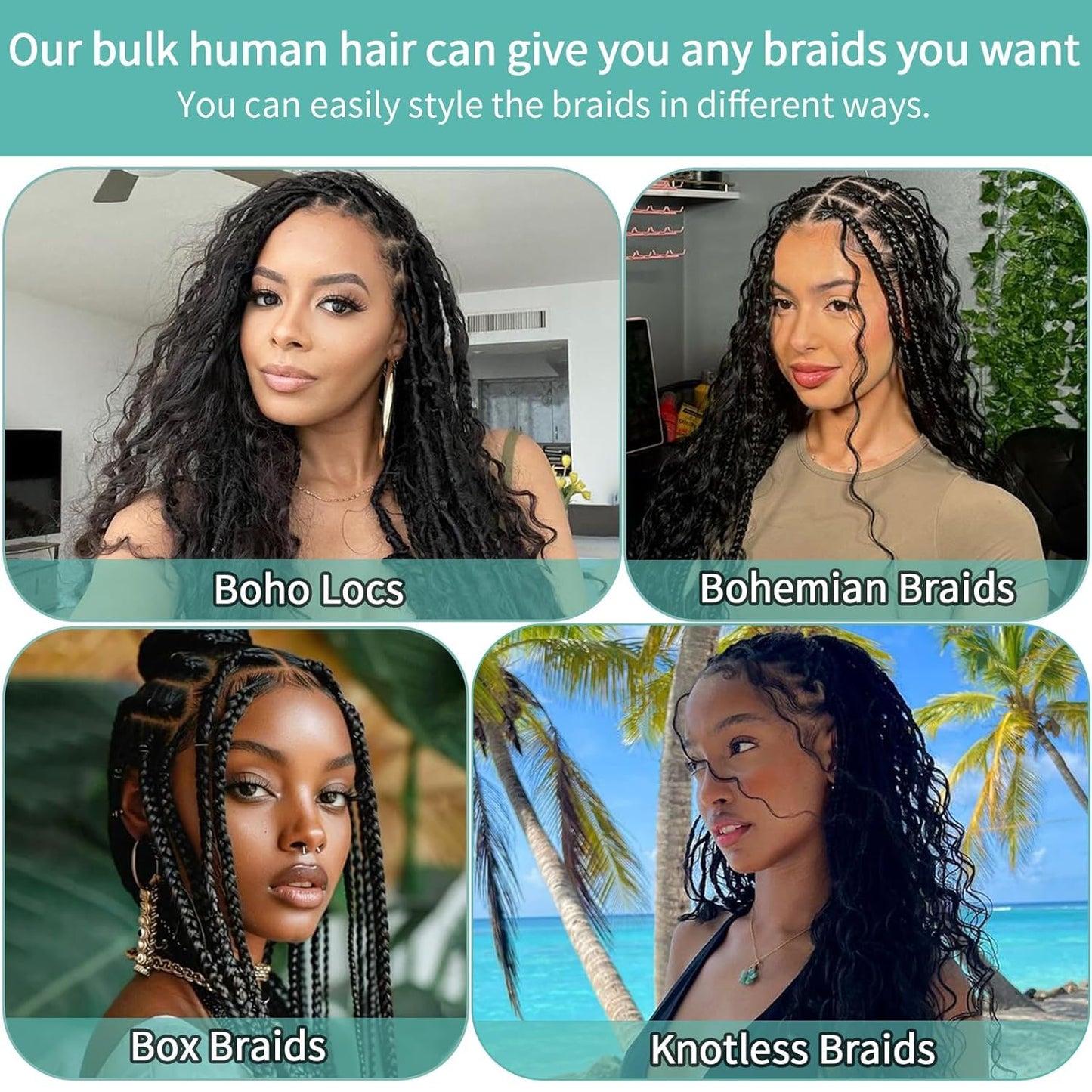 Human Braiding Hair for Boho Braids Human Hair 110g 16 Inch Curly Boho Hair for Braiding Knotless 12A Deep Wave Bulk Bohemian 3 Bundles/Pack Natural Color
