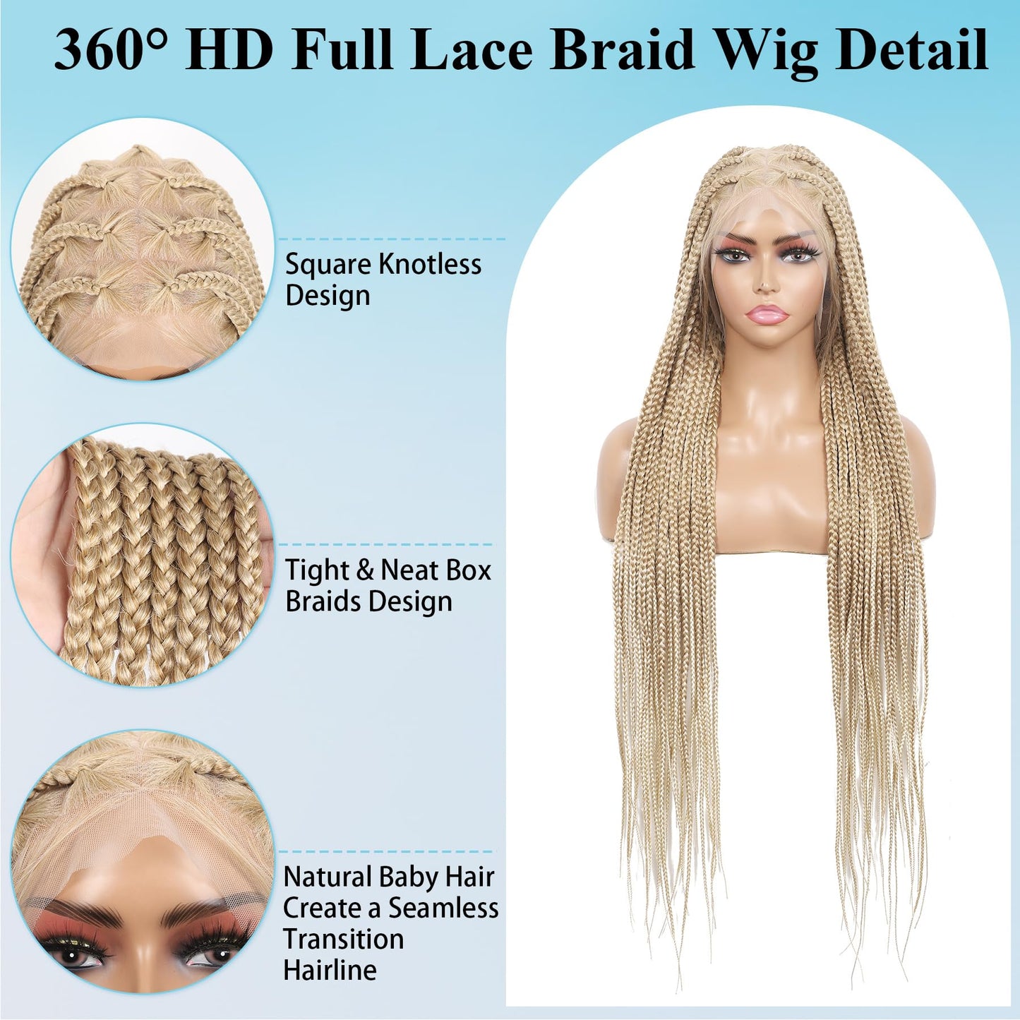Olymei 360° Hd Full Lace Knotless Braided Wigs for Women Long Braided Lace Front Wigs with Baby Hair Light Brown Ombre Blonde Human Hair Blended Box Braid Wig 36"