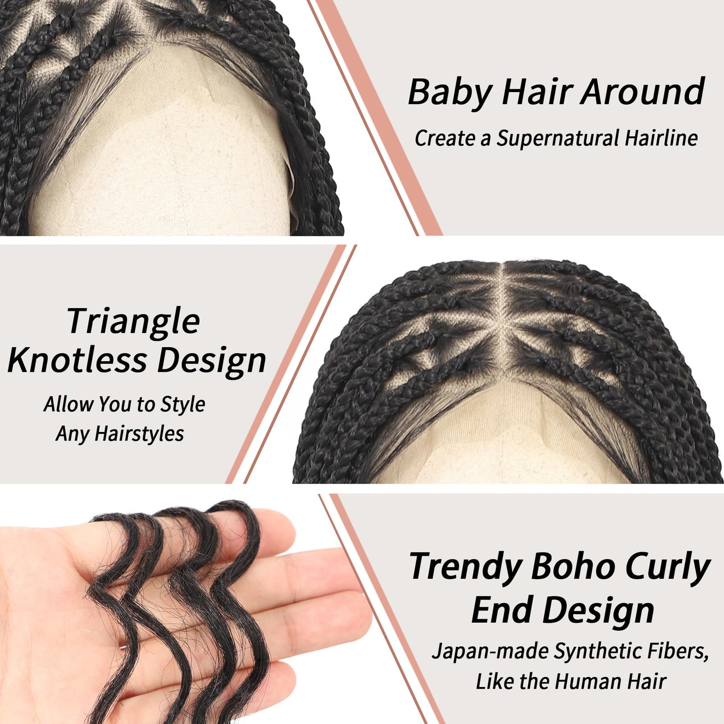 Lexqui 36" 360° HD Full Lace Braided Wigs for Women Box Braid Wig with Boho Curly End Triangle Knotless Braided Wigs with Baby Hair Handmade Synthetic Hair Braided Lace Front Wig Black
